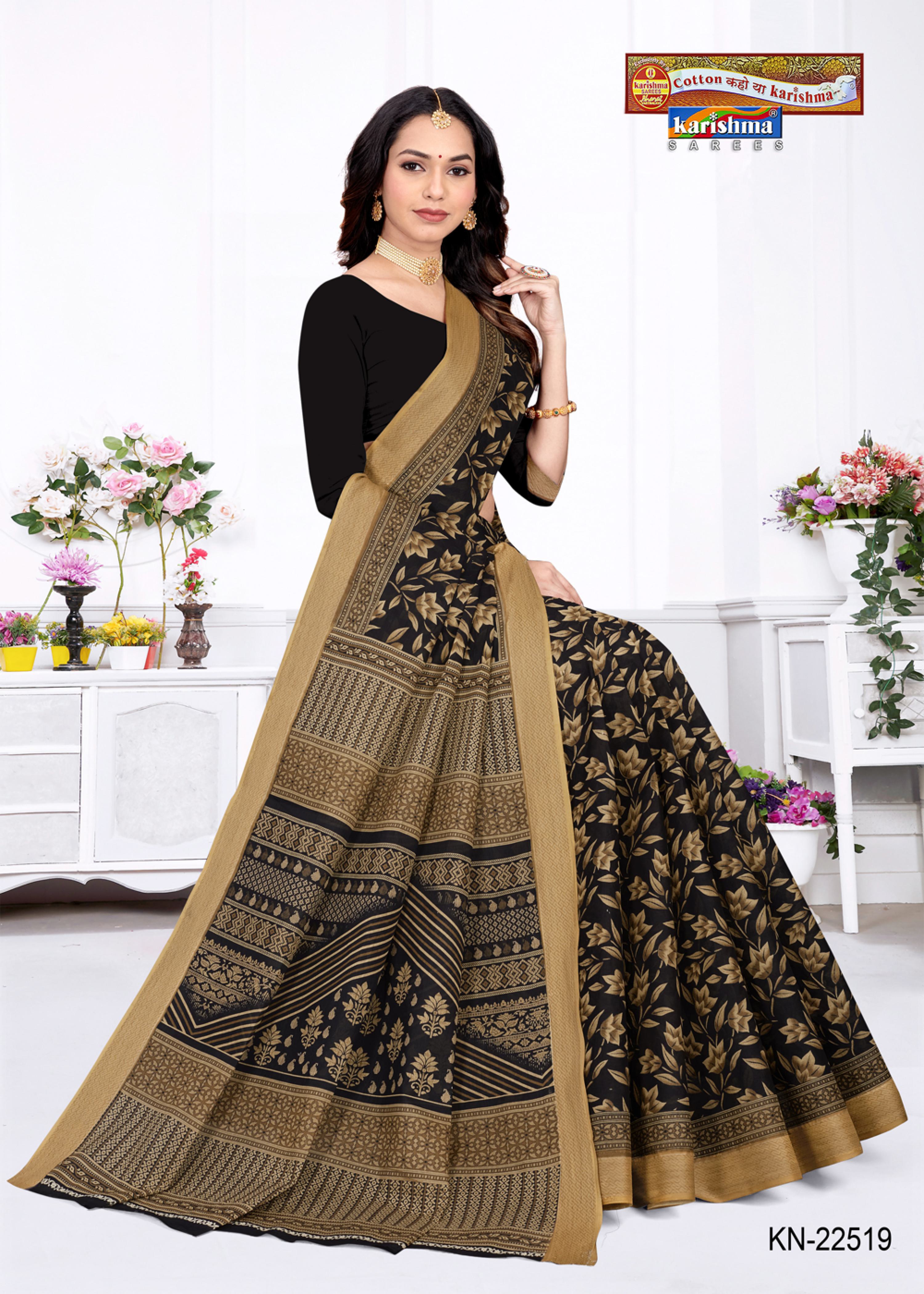 Black Pure Cotton Mulmul (Stiff) Saree With Ethnic Block Print