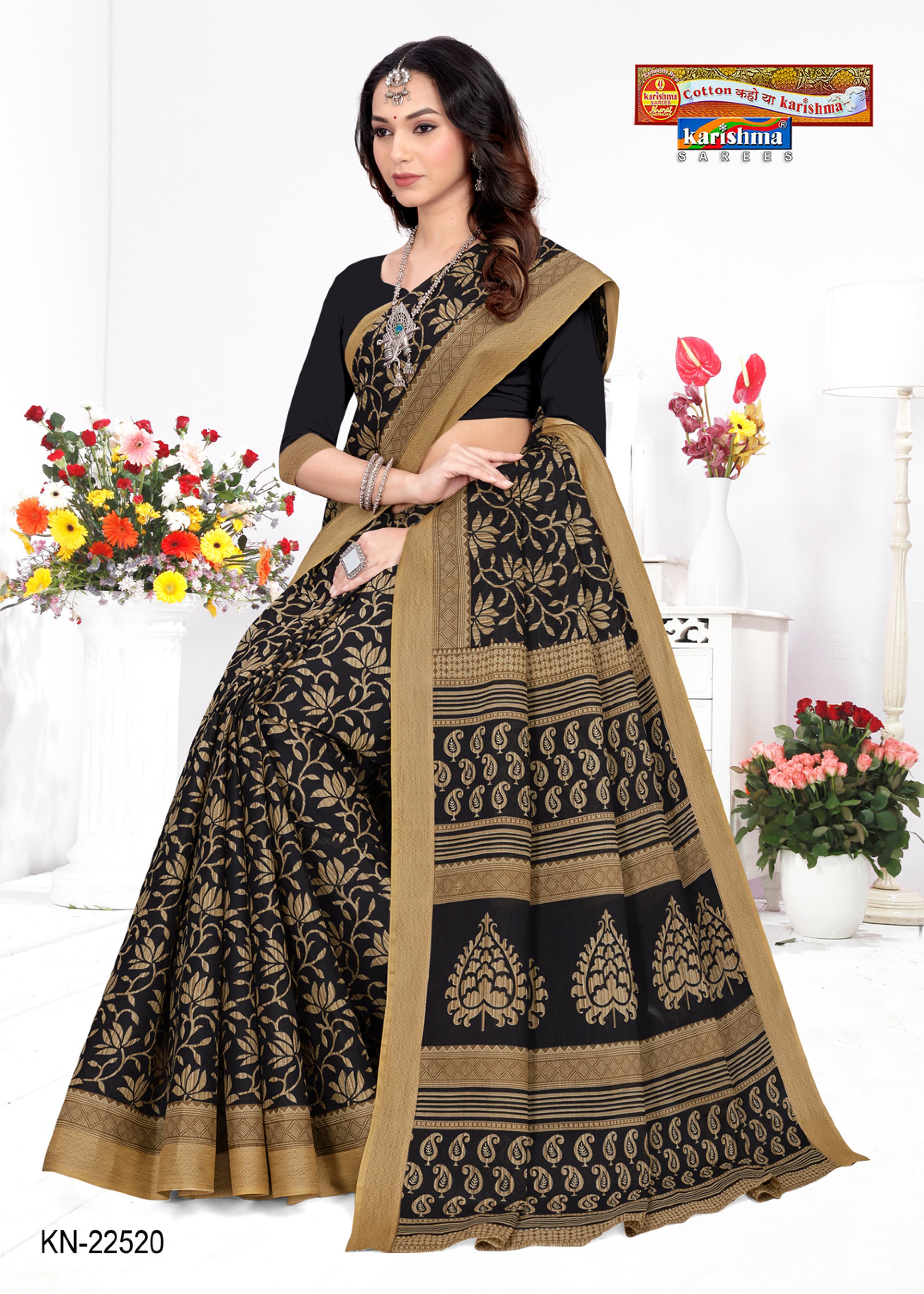 Black Pure Cotton Mulmul (Stiff) Saree With Ethnic Block Print