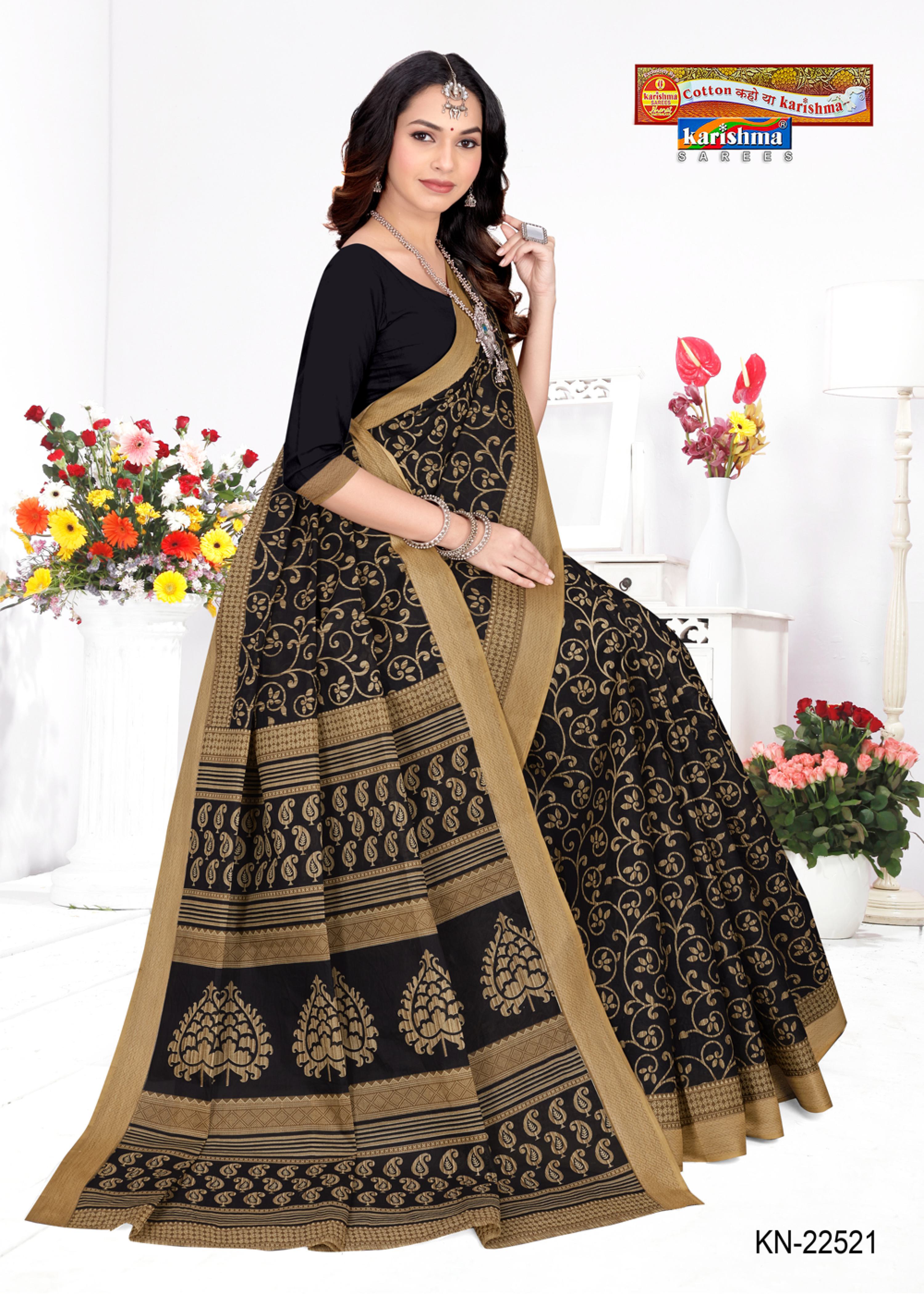 Black Pure Cotton Mulmul (Stiff) Saree With Ethnic Block Print