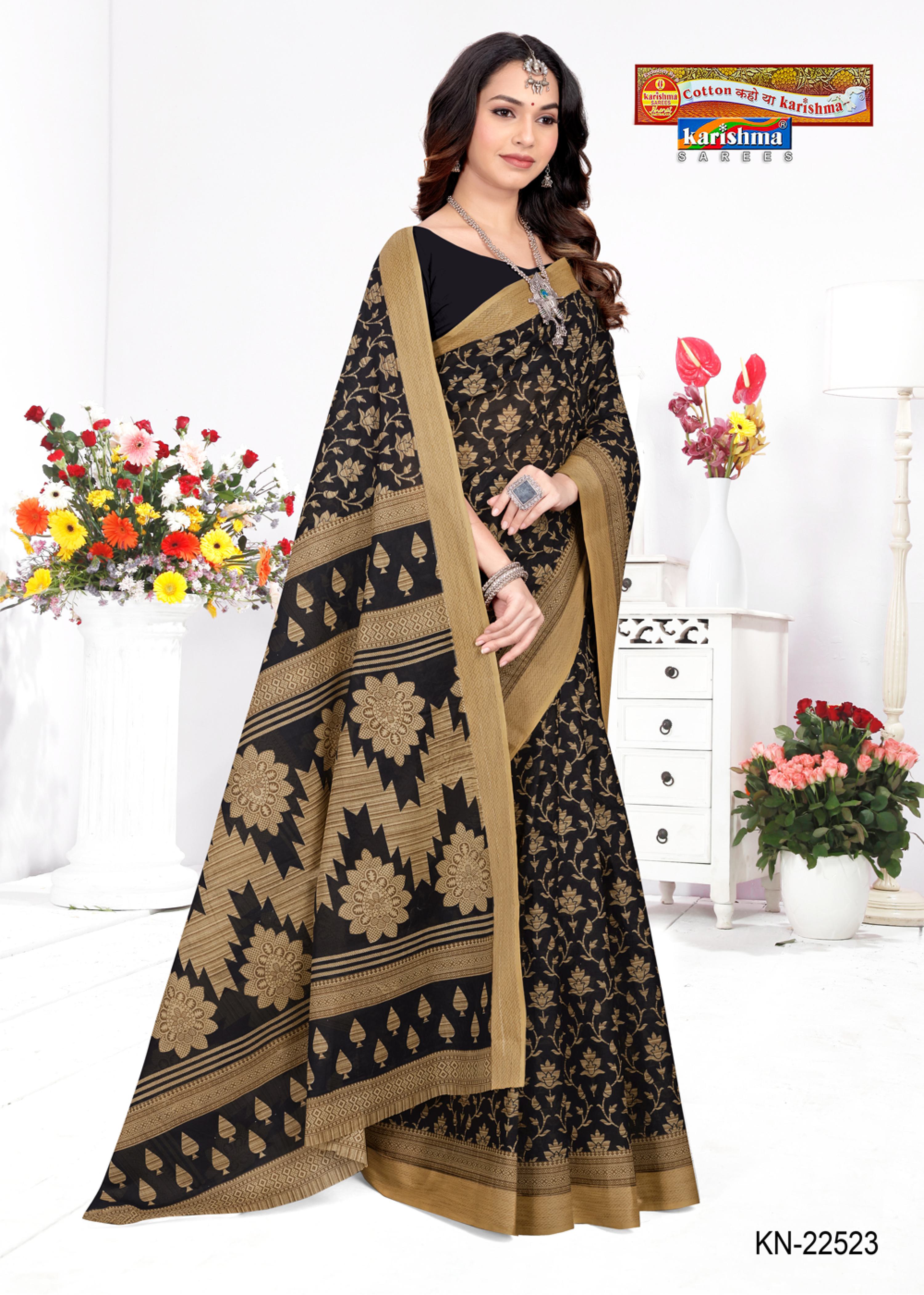 Black Pure Cotton Mulmul (Stiff) Saree With Ethnic Block Print