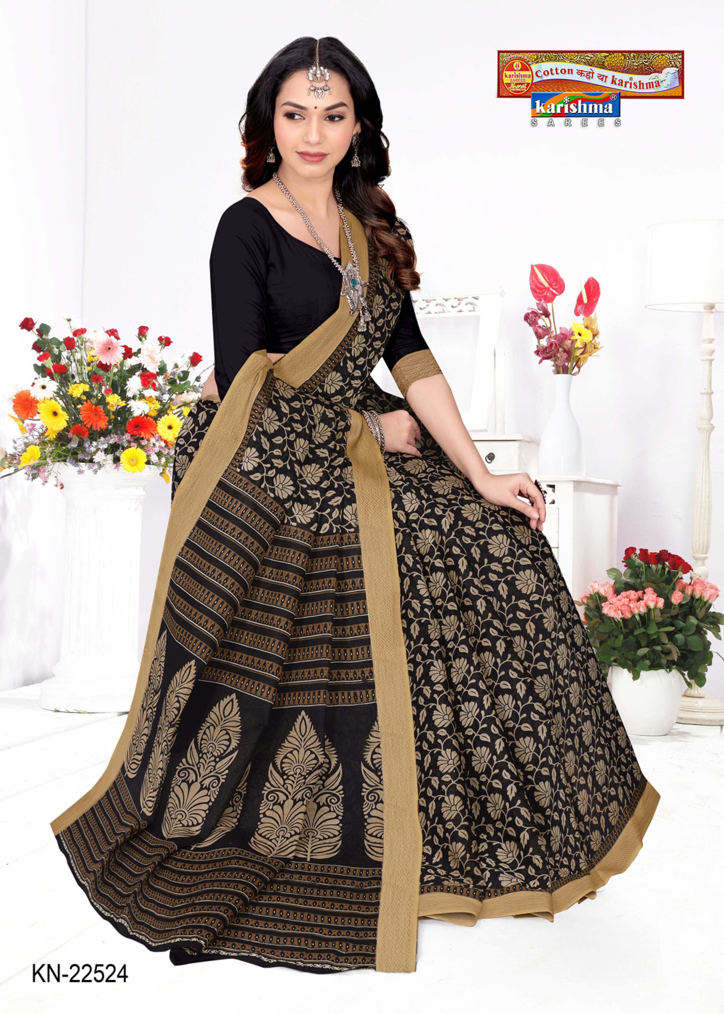 Black Pure Cotton Mulmul (Stiff) Saree With Ethnic Block Print