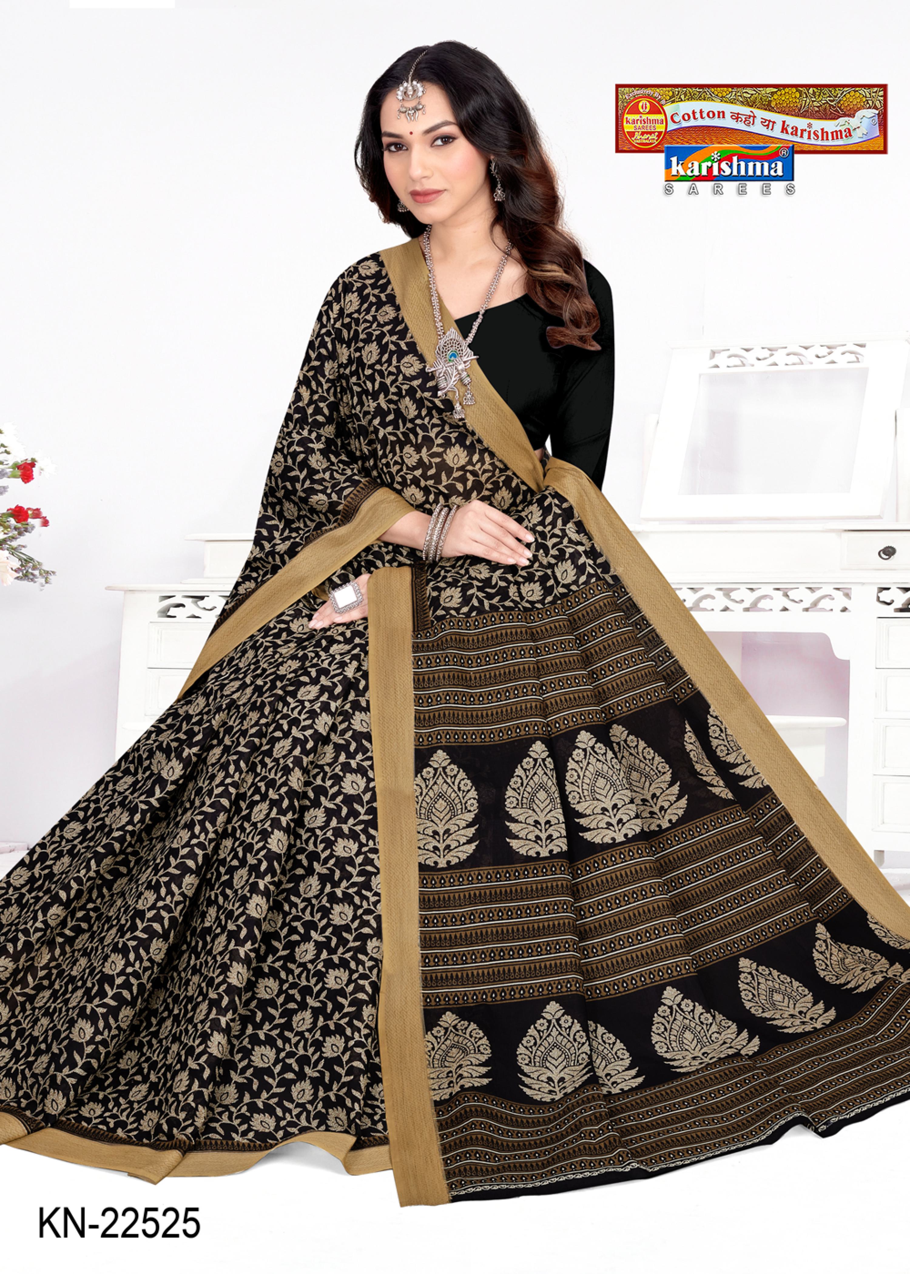 Black Pure Cotton Mulmul (Stiff) Saree With Ethnic Block Print