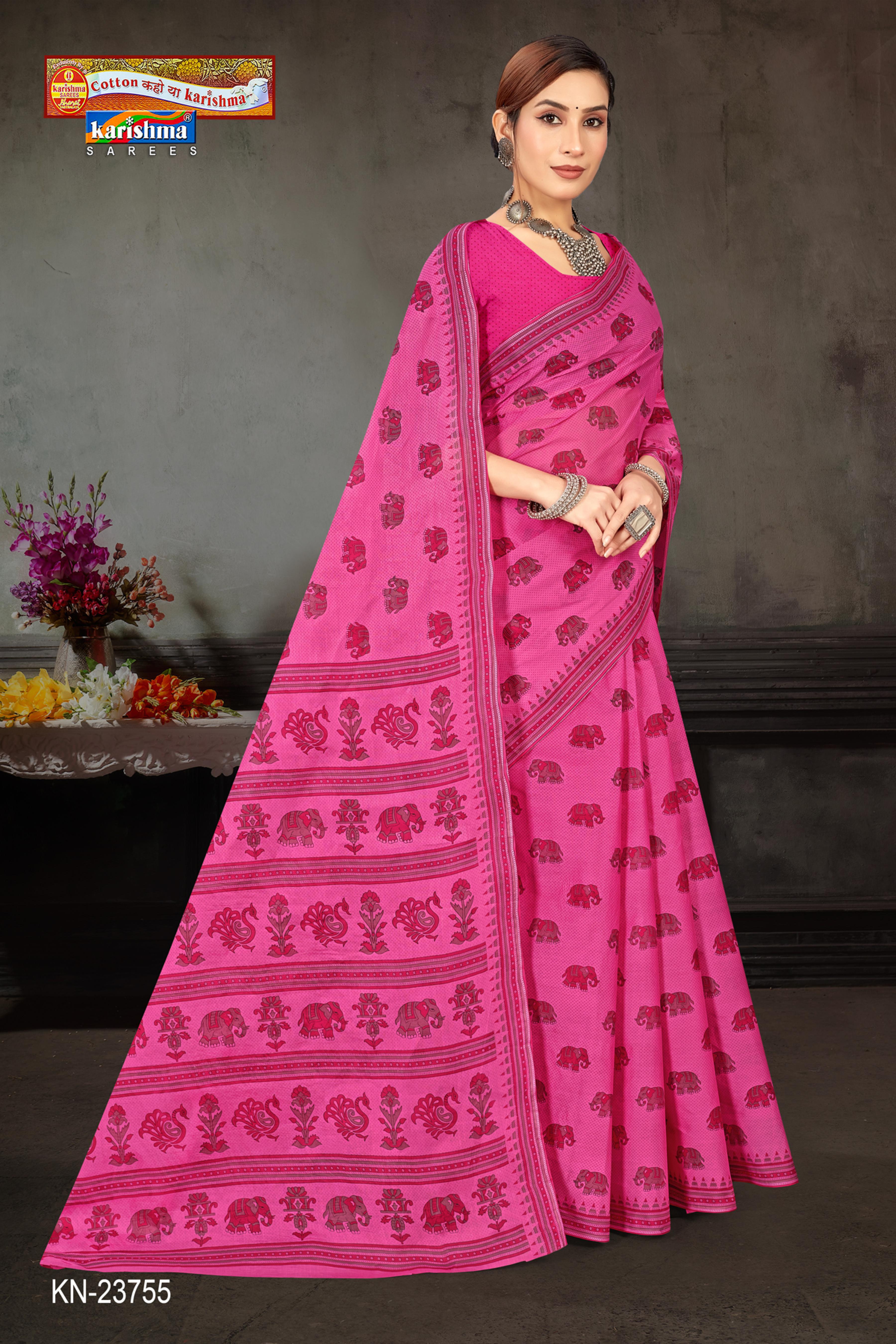 Pink Traditional Elephant Design Pattern Printed Mulmul Pure Cotton Saree