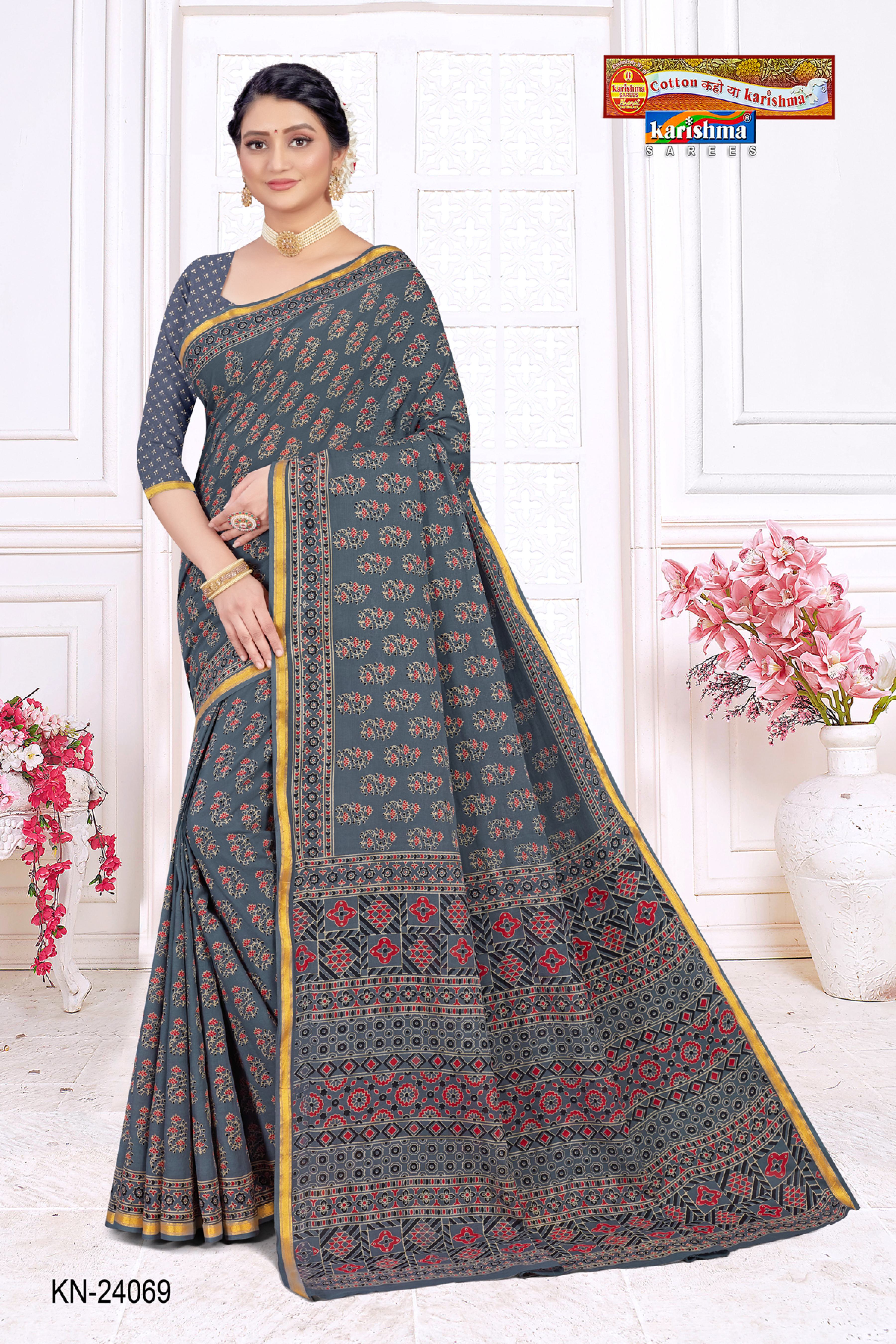 Grey Batik Block Print Design Gold Zari Border Printed Pure Cotton Saree