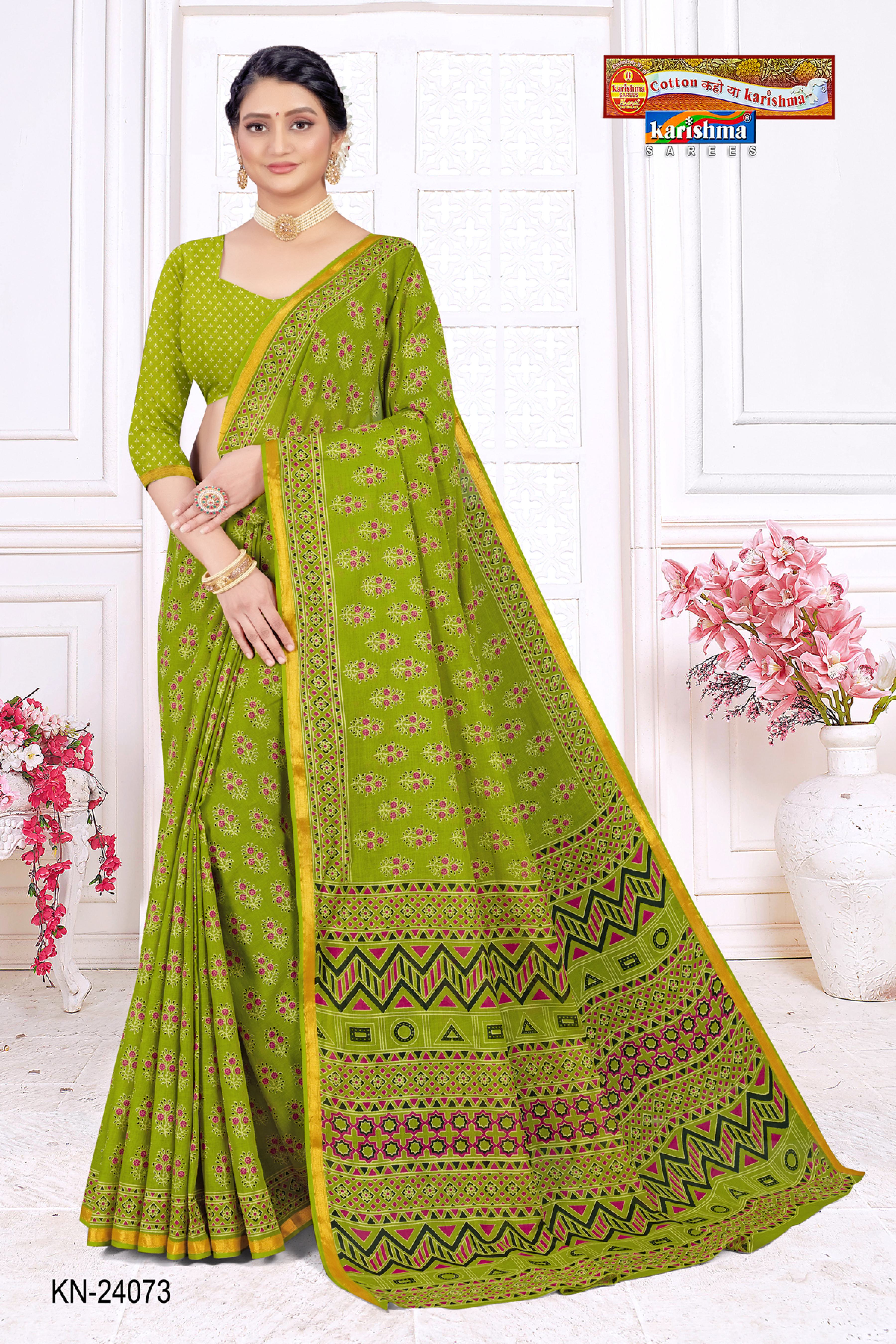 Green Batik Block Print Design Gold Zari Border Printed Pure Cotton Saree