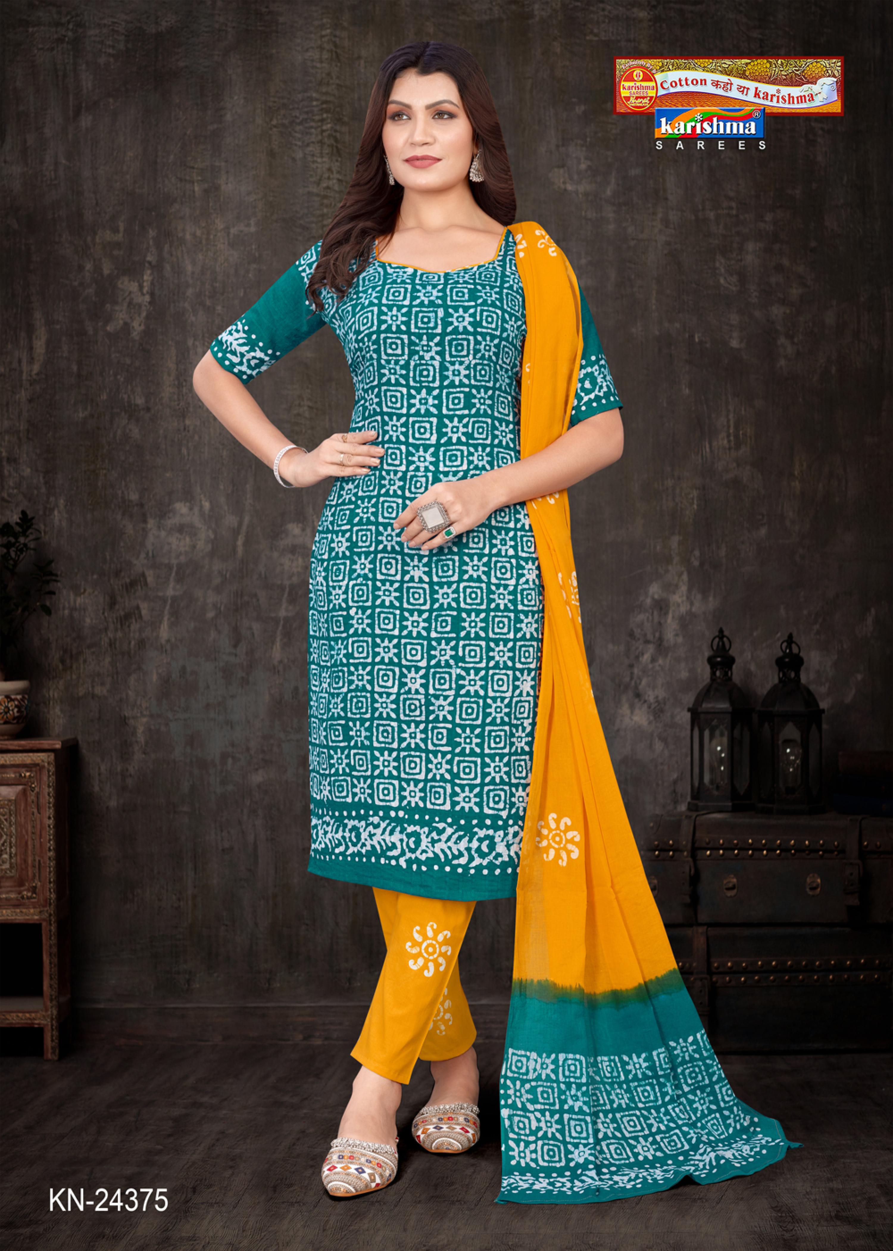 Teal Traditional Hand Batik Design Printed Soft Cotton Unstitched Salwar Suit Set