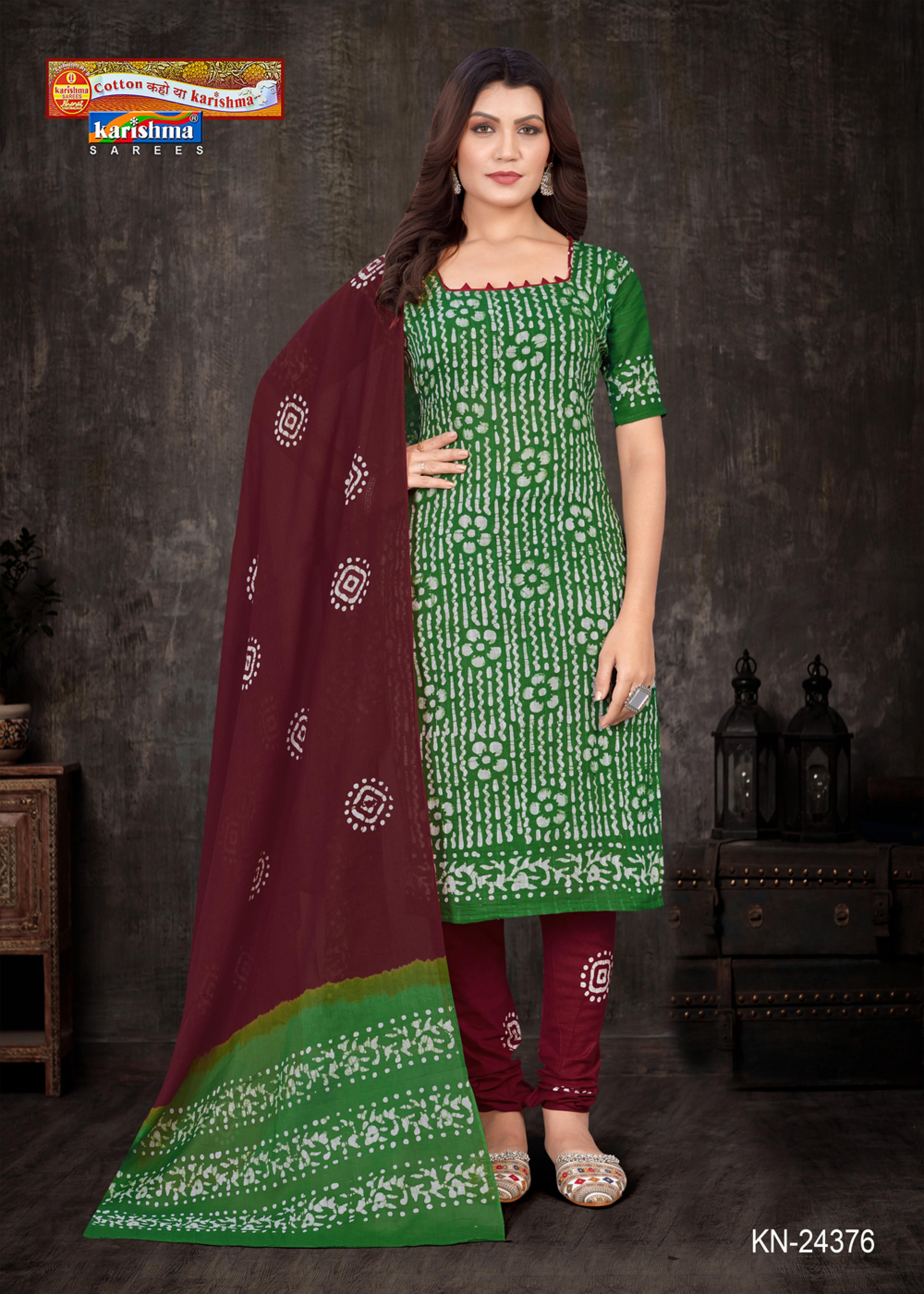 Green Traditional Hand Batik Design Printed Soft Cotton Unstitched Salwar Suit Set