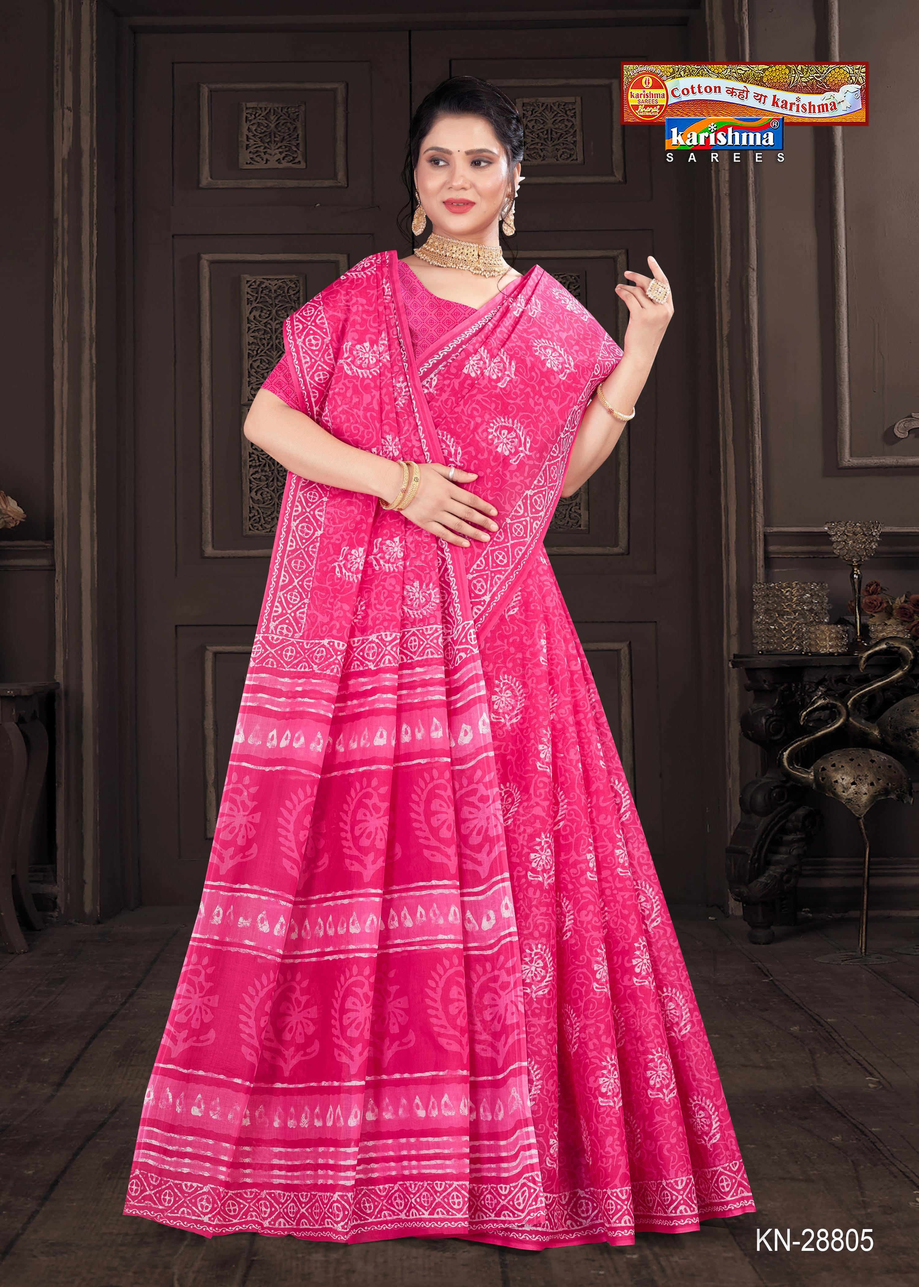 Pink Batik Ethnic Design Printed Everyday Wear Pure Mulmul Cotton Saree