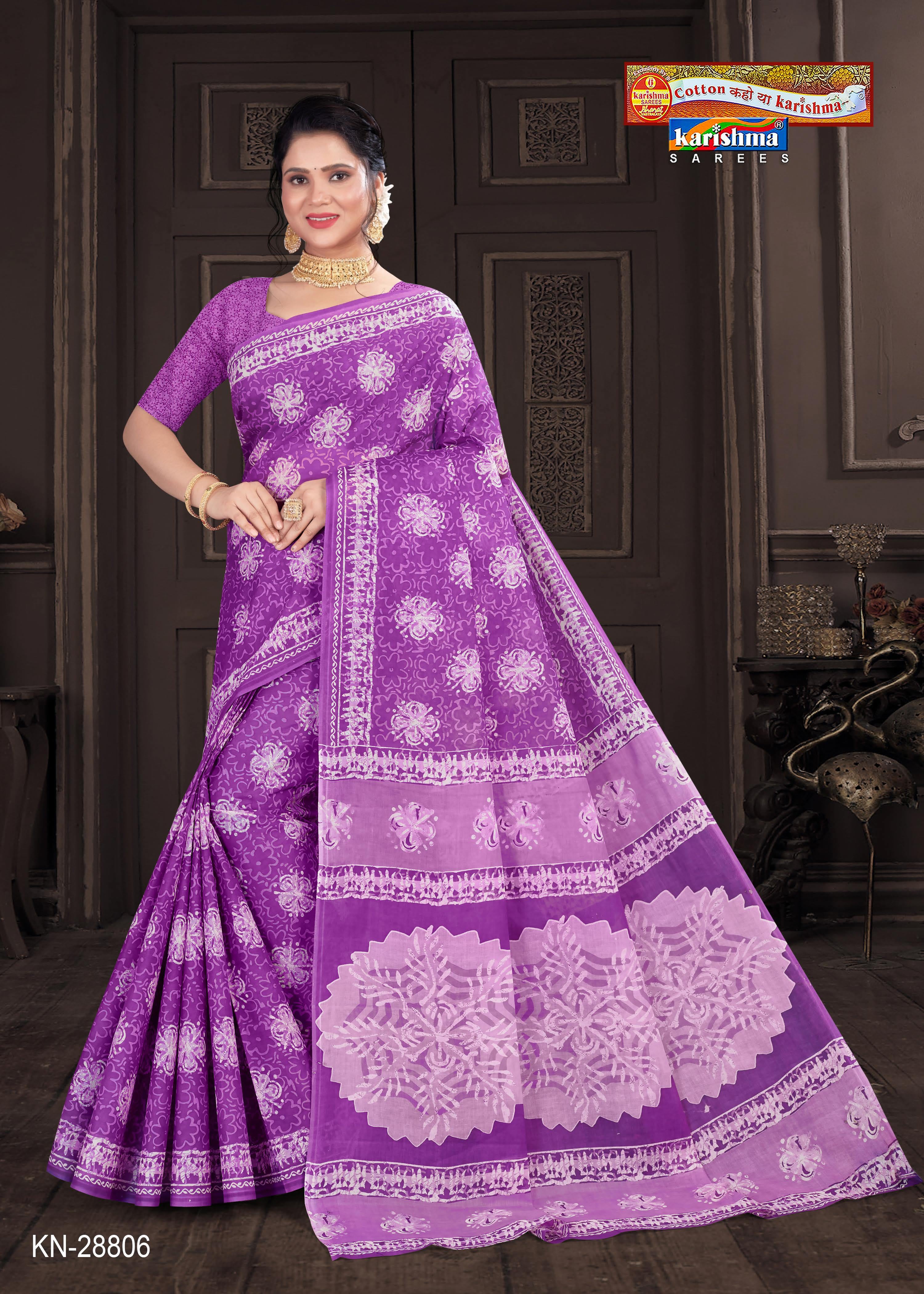 Purple Batik Ethnic Design Printed Everyday Wear Pure Mulmul Cotton Saree