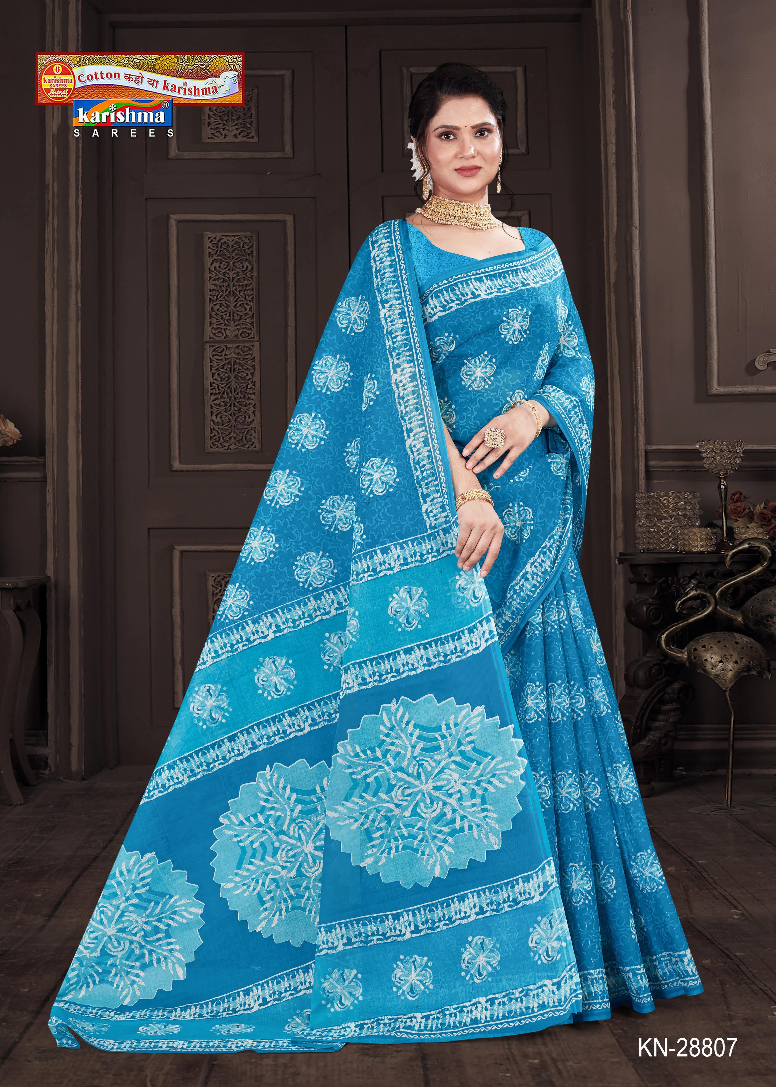 Blue Batik Ethnic Design Printed Everyday Wear Pure Mulmul Cotton Saree