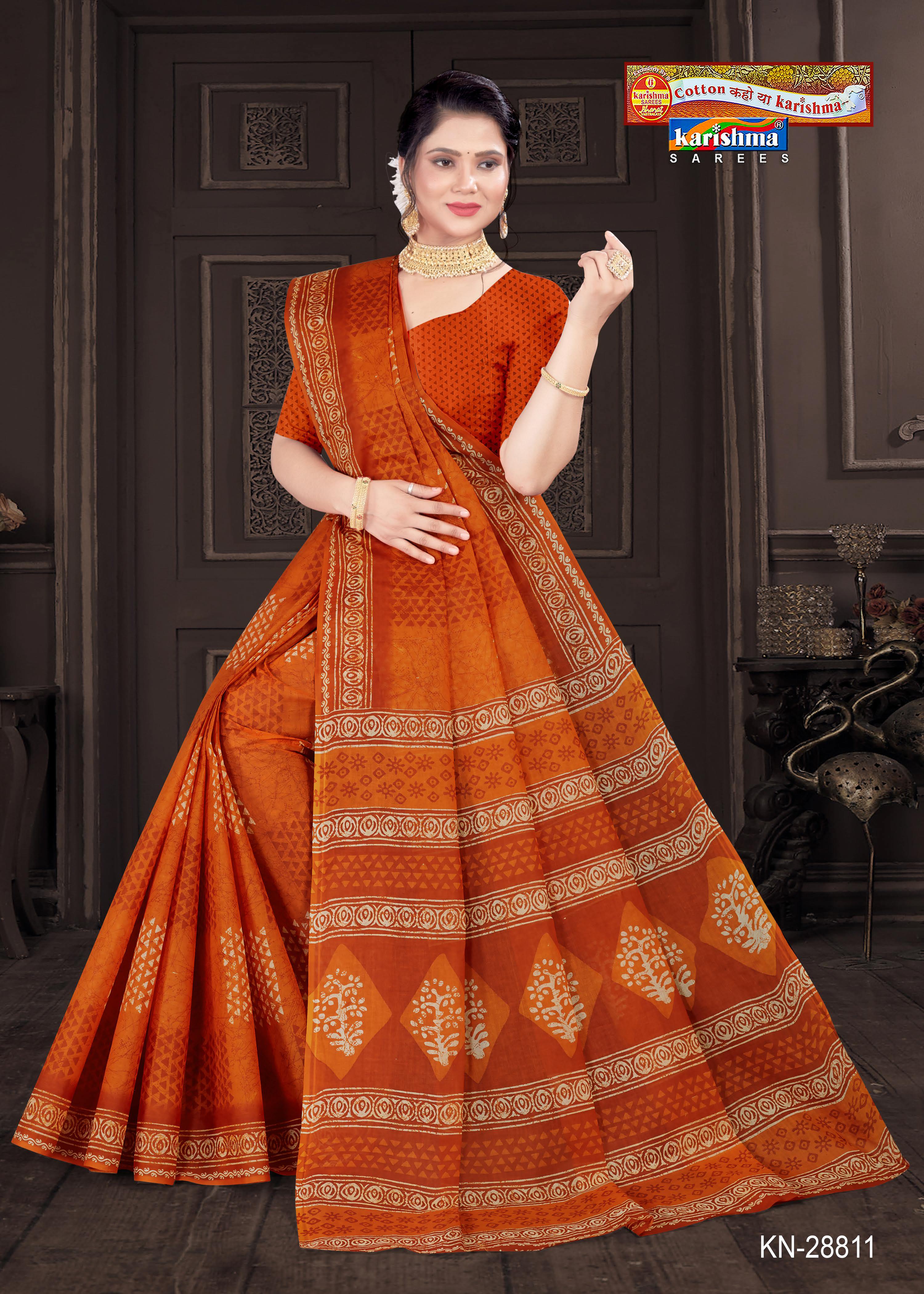 Orange Batik Ethnic Design Printed Everyday Wear Pure Mulmul Cotton Saree