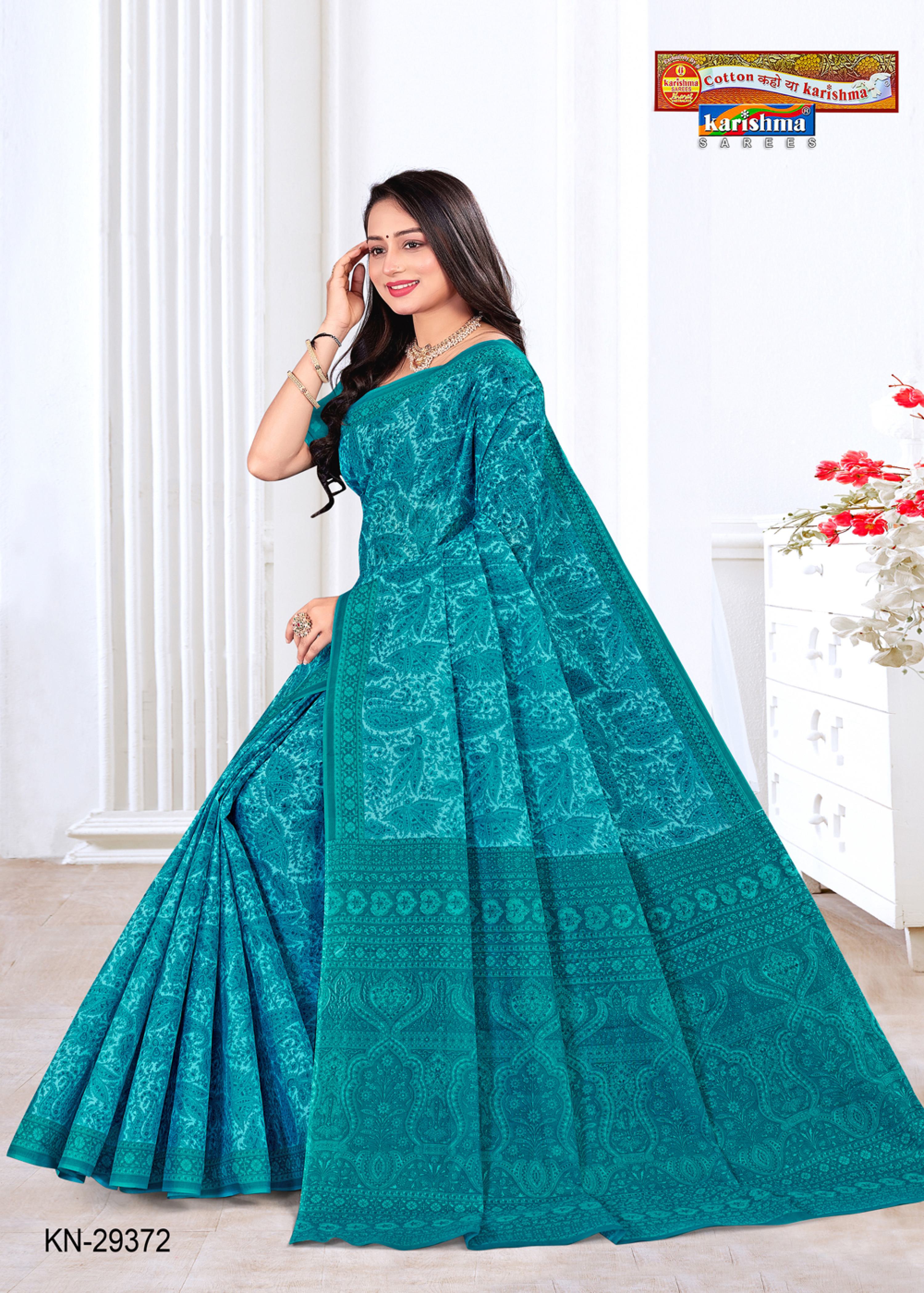 Teal Everyday Wear Paisley Design Printed Pure Cotton Saree