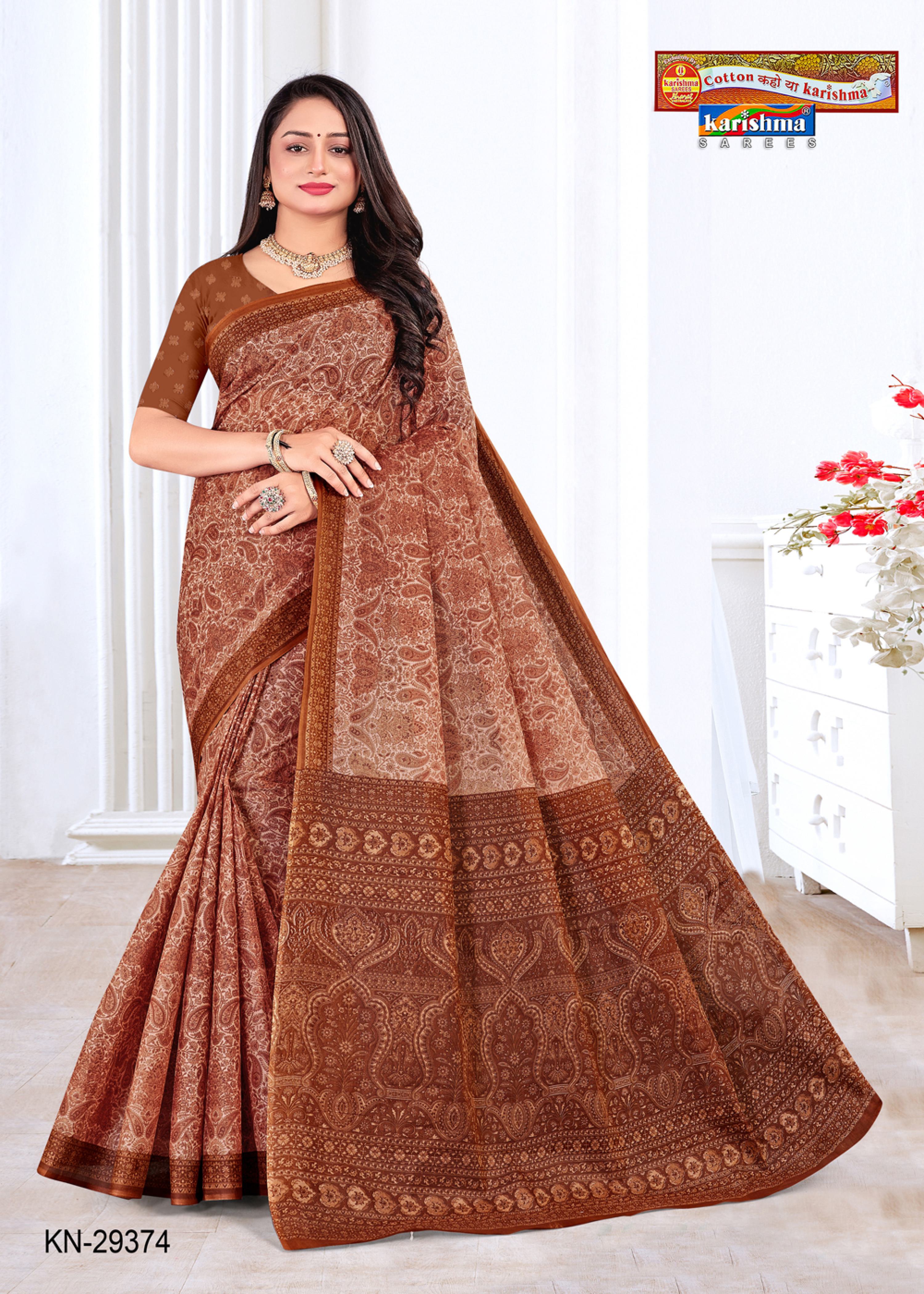 Brown Everyday Wear Paisley Design Printed Pure Cotton Saree