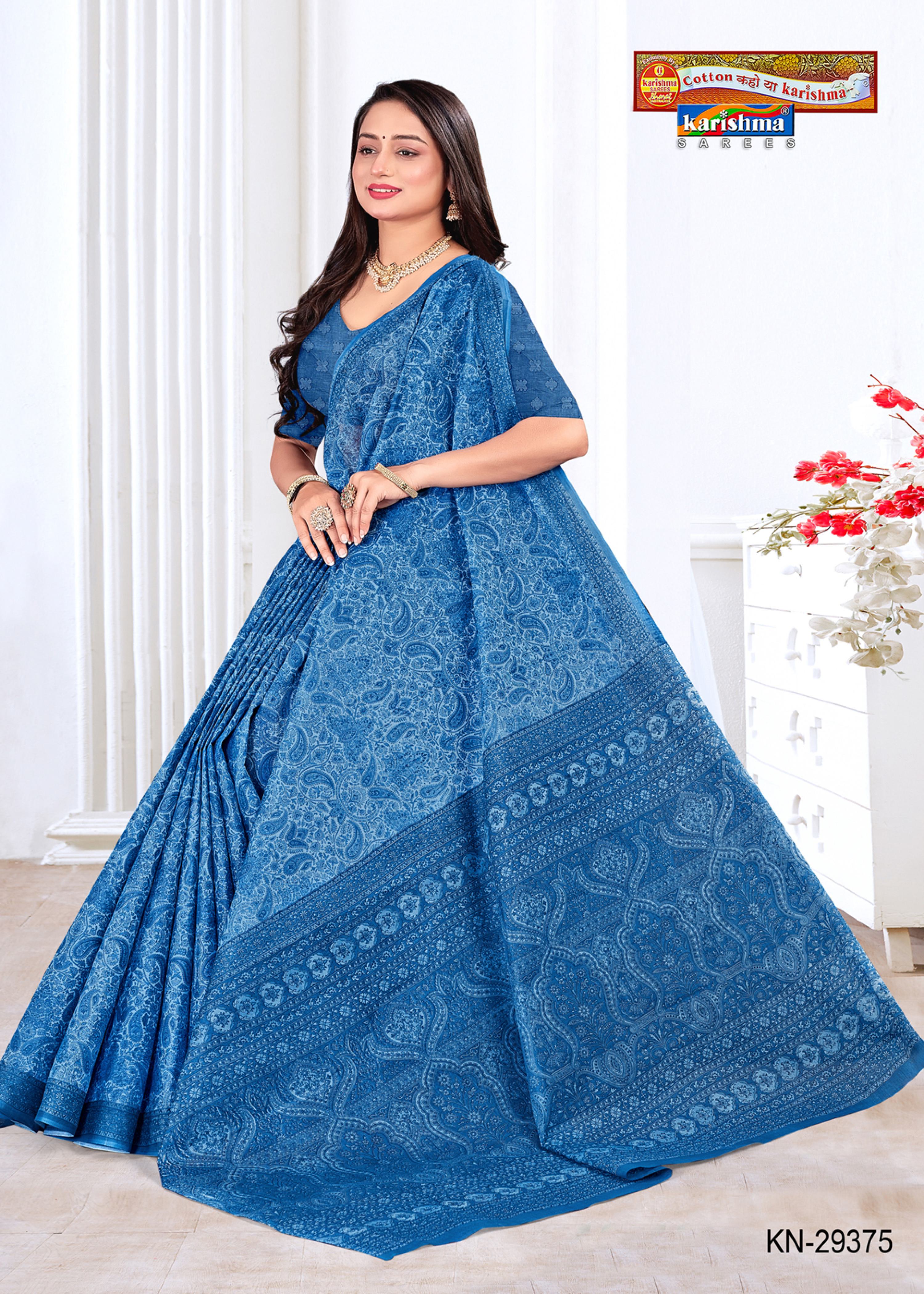 Blue Everyday Wear Paisley Design Printed Pure Cotton Saree