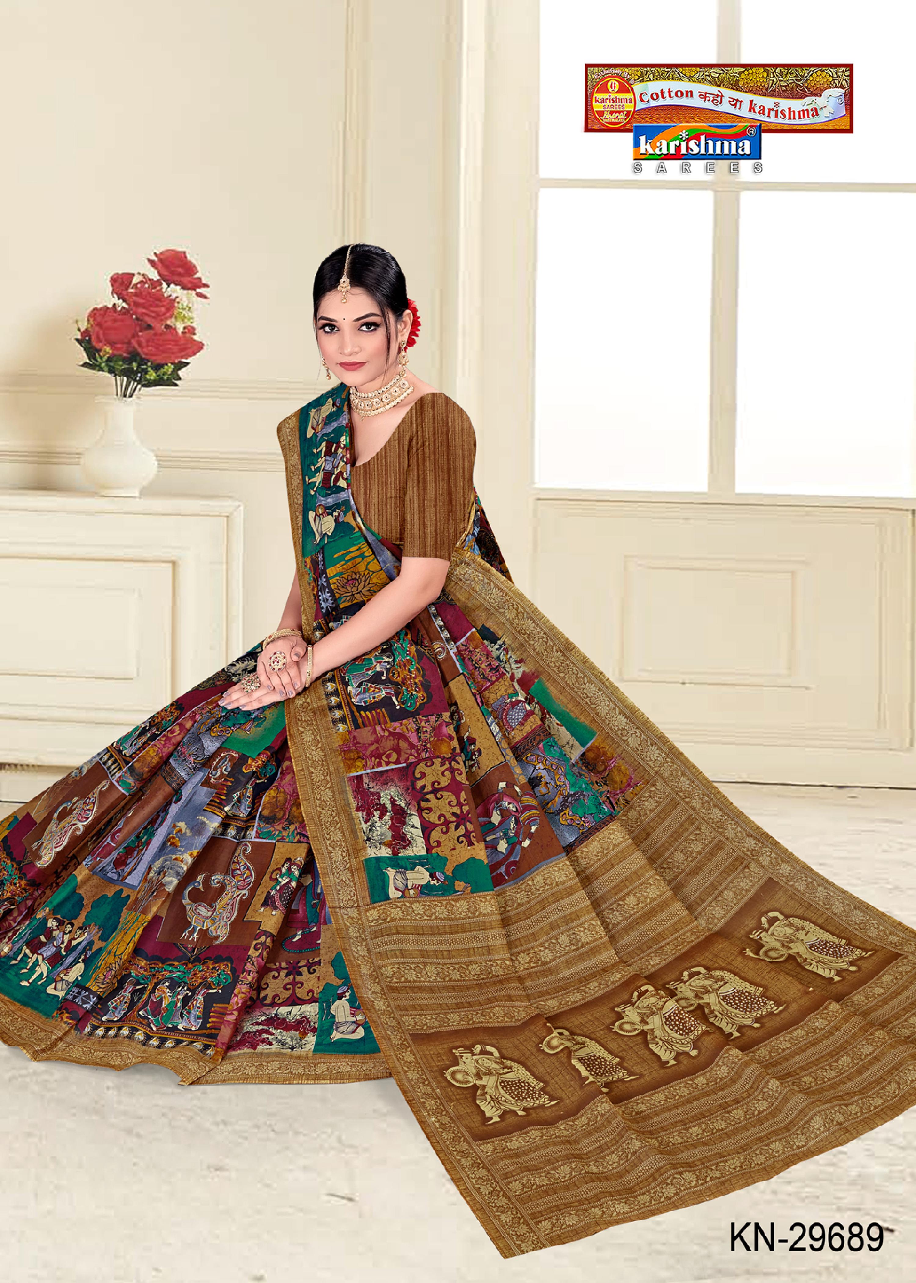 Brown Ethnic Design Madhubani Style Colourful Printed Pure Mulmul Festive Cotton Saree