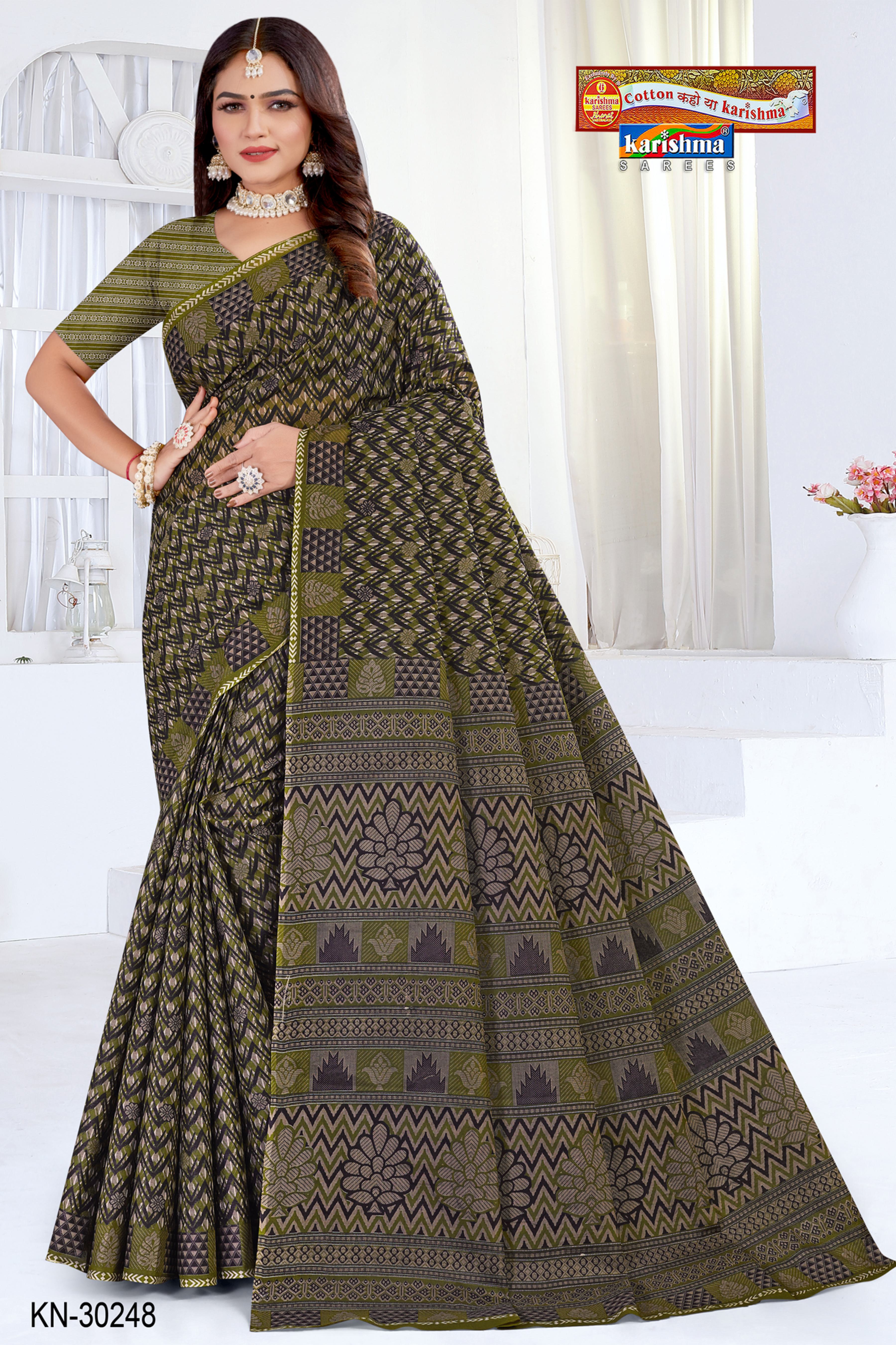 Olive Black Ikat Soft Mulmul Printed Pure Cotton Saree