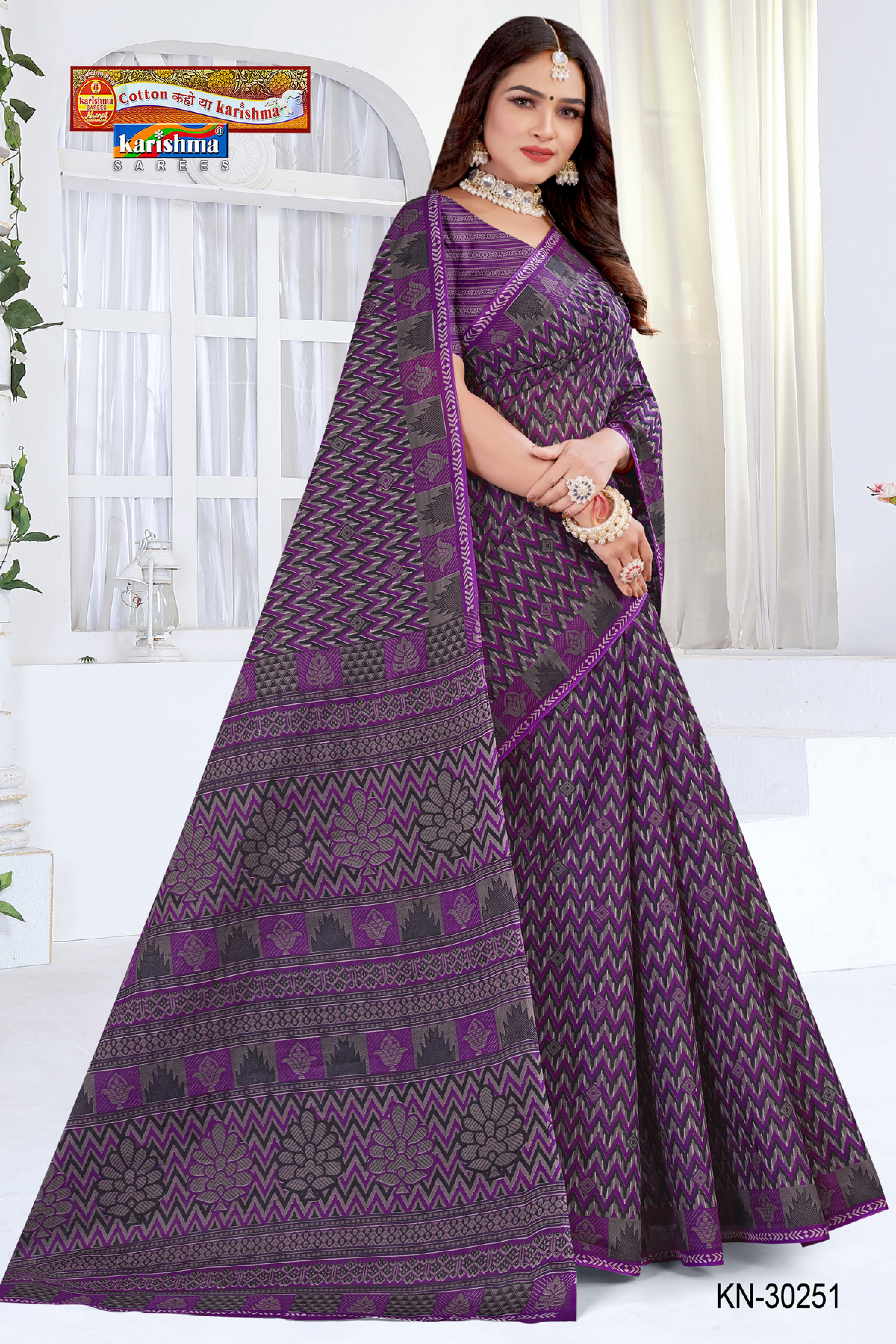 Purple Black Ikat Soft Mulmul Printed Pure Cotton Saree