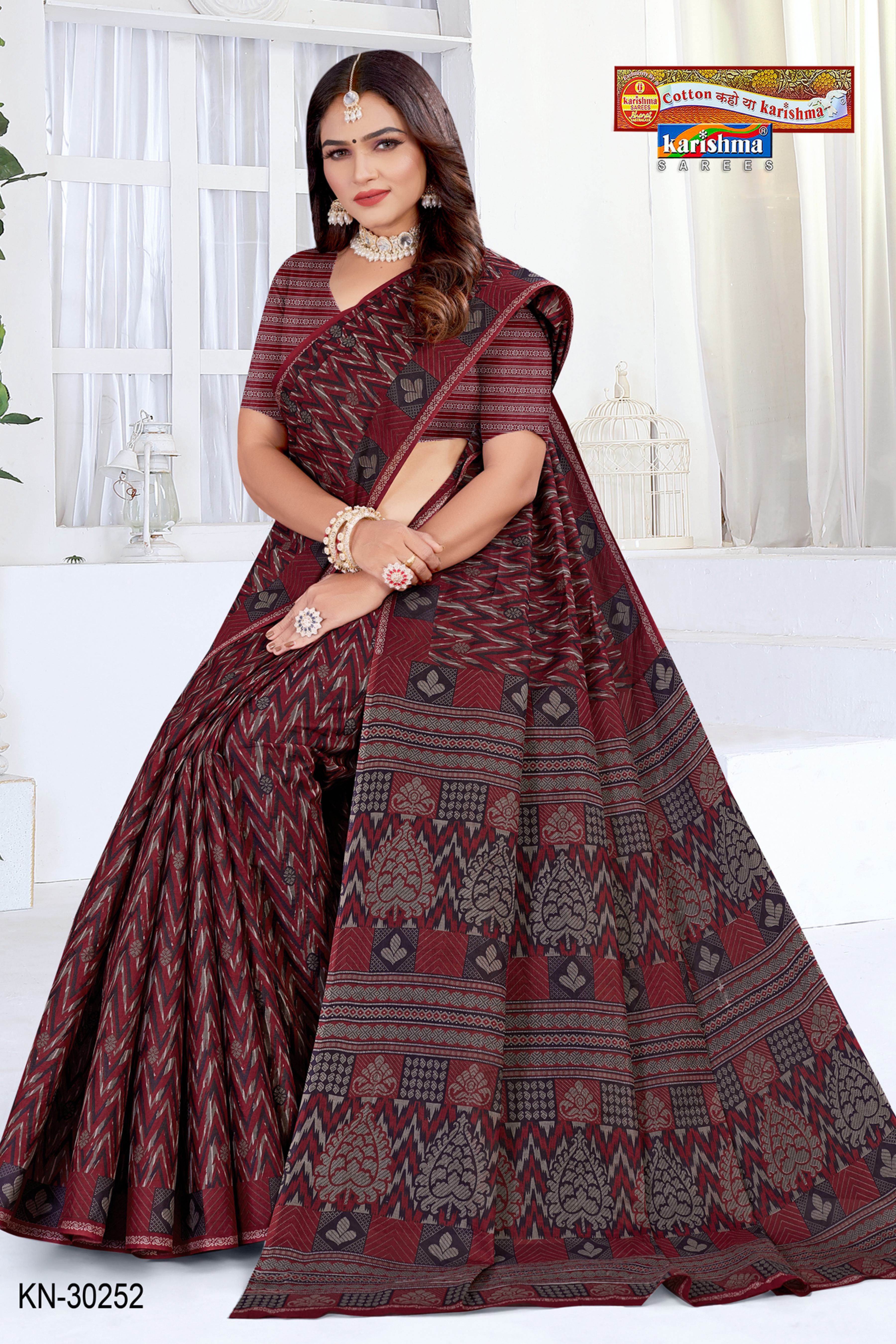 Maroon Black Ikat Soft Mulmul Printed Pure Cotton Saree