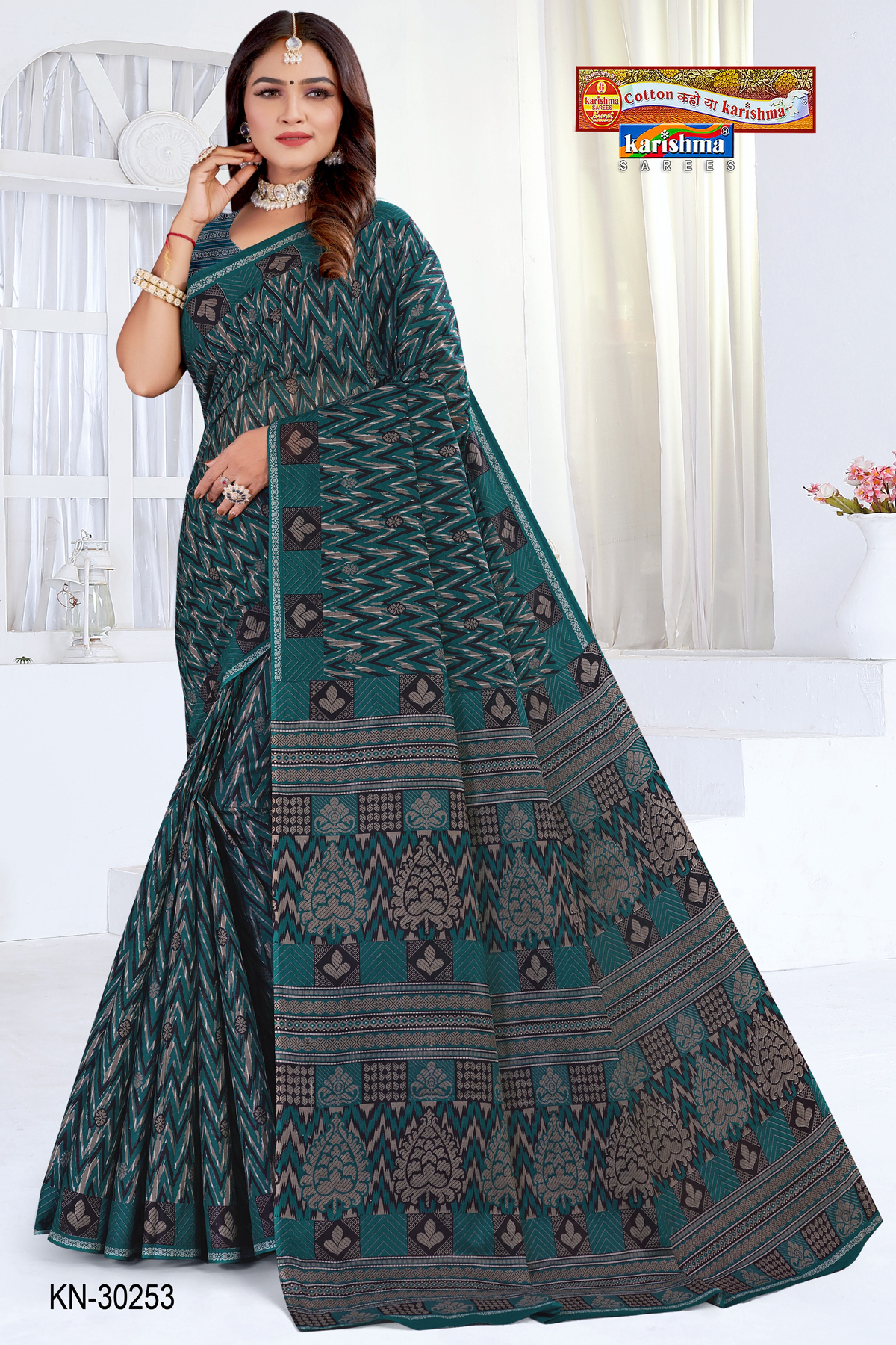 Teal Black Ikat Soft Mulmul Printed Pure Cotton Saree