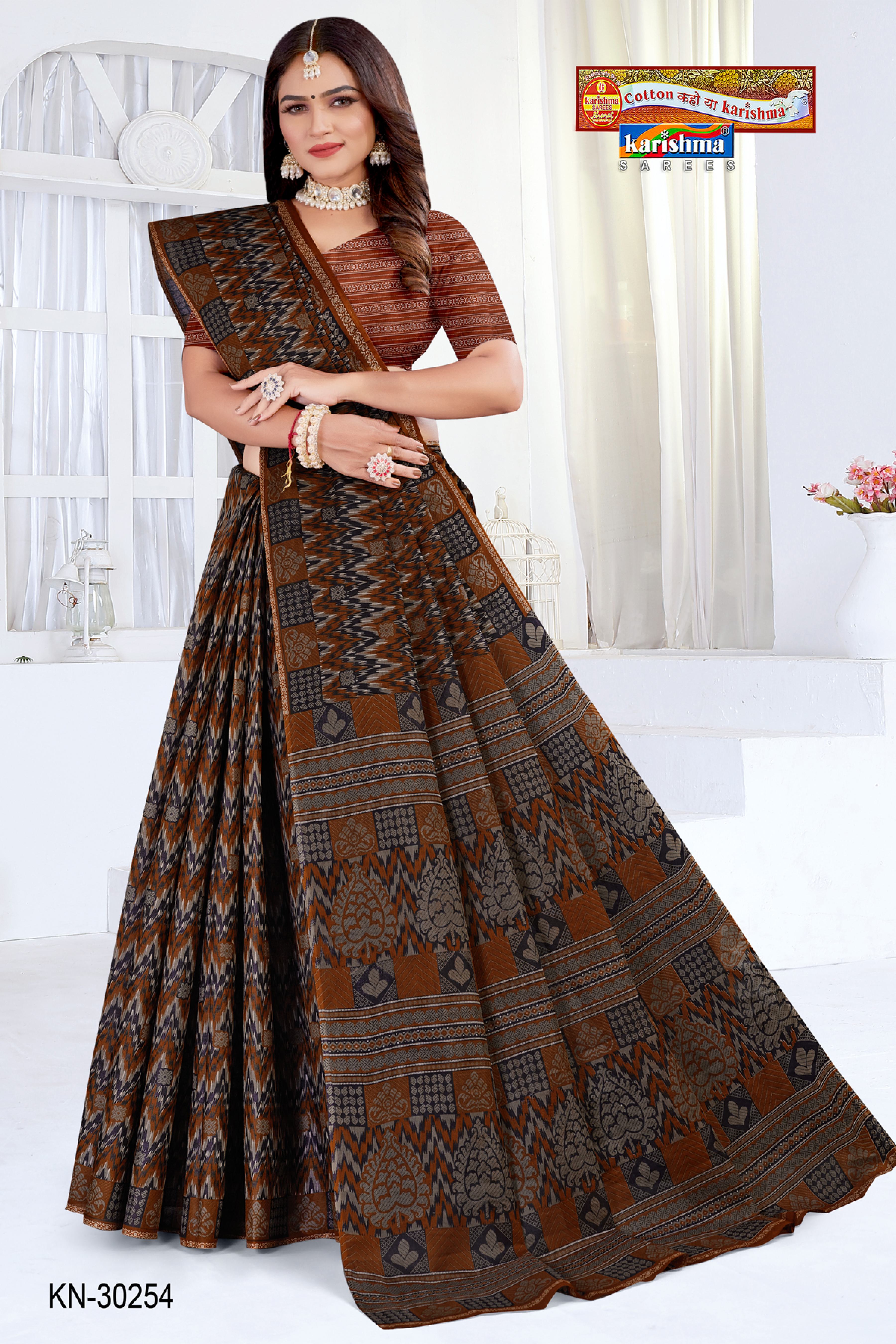 Orange Black Ikat Soft Mulmul Printed Pure Cotton Saree