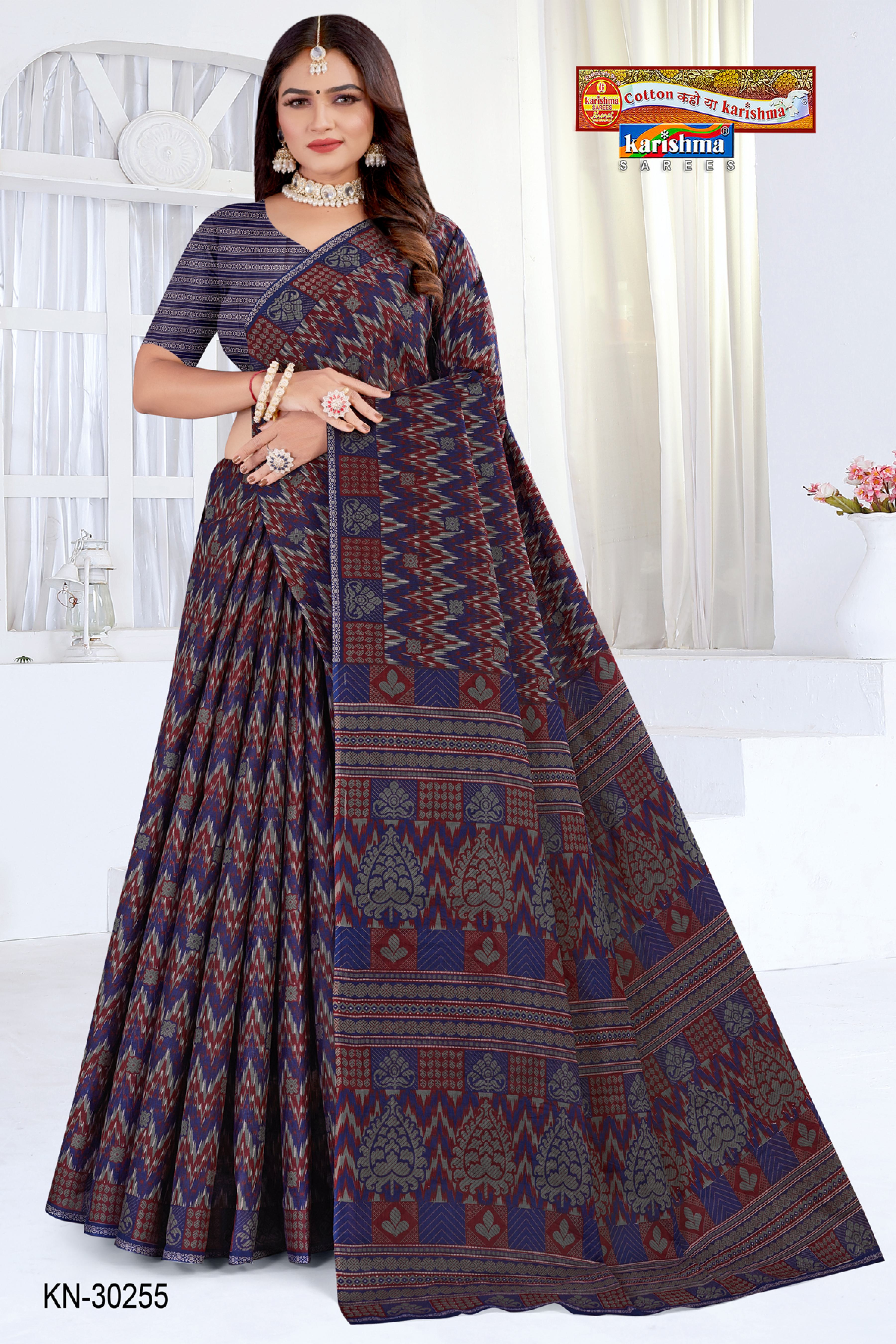 Blue Black Ikat Soft Mulmul Printed Pure Cotton Saree