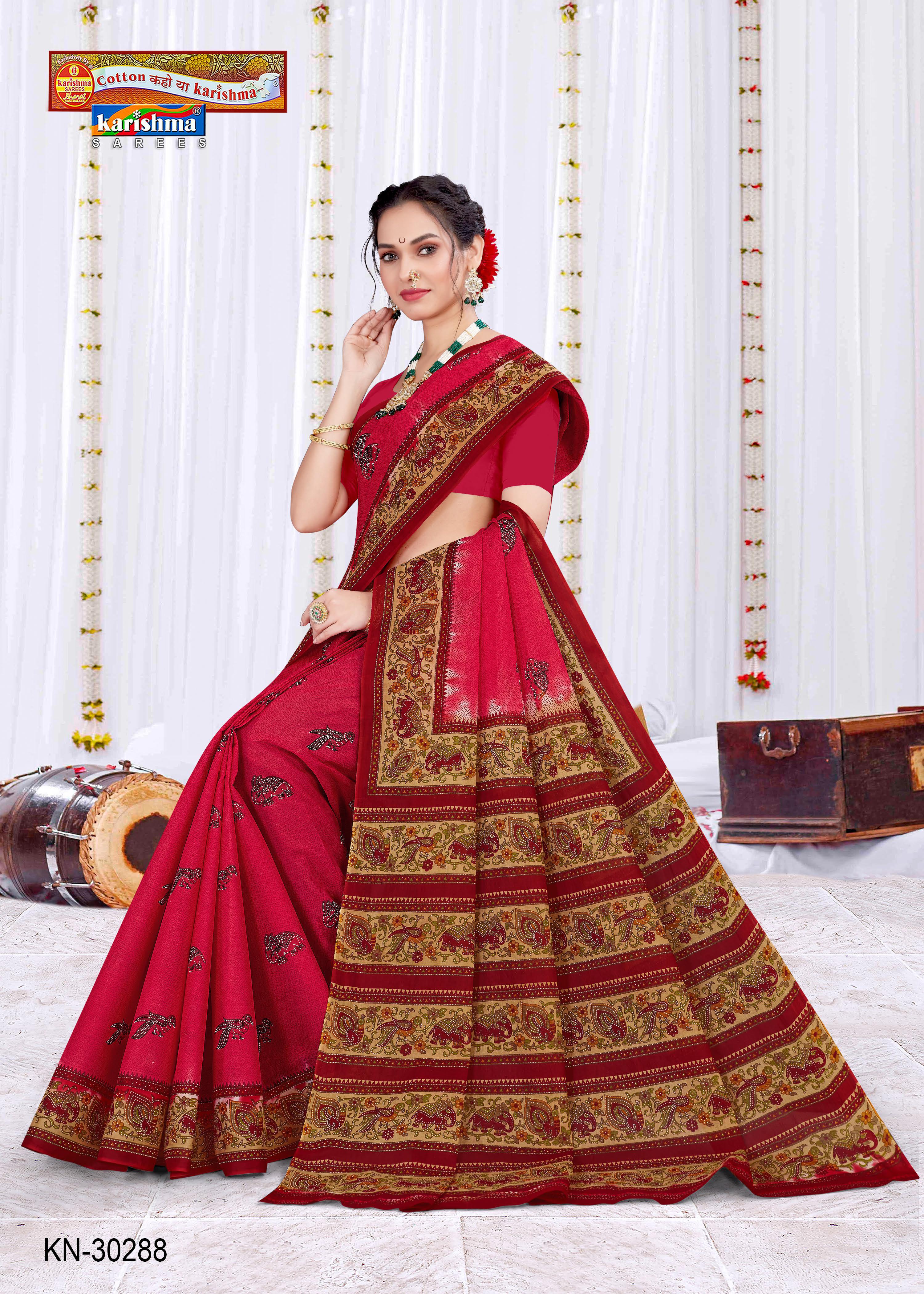 Maroon Elephant & Parrot Design Printed Soft Mulmul Cotton Everyday Wear Saree