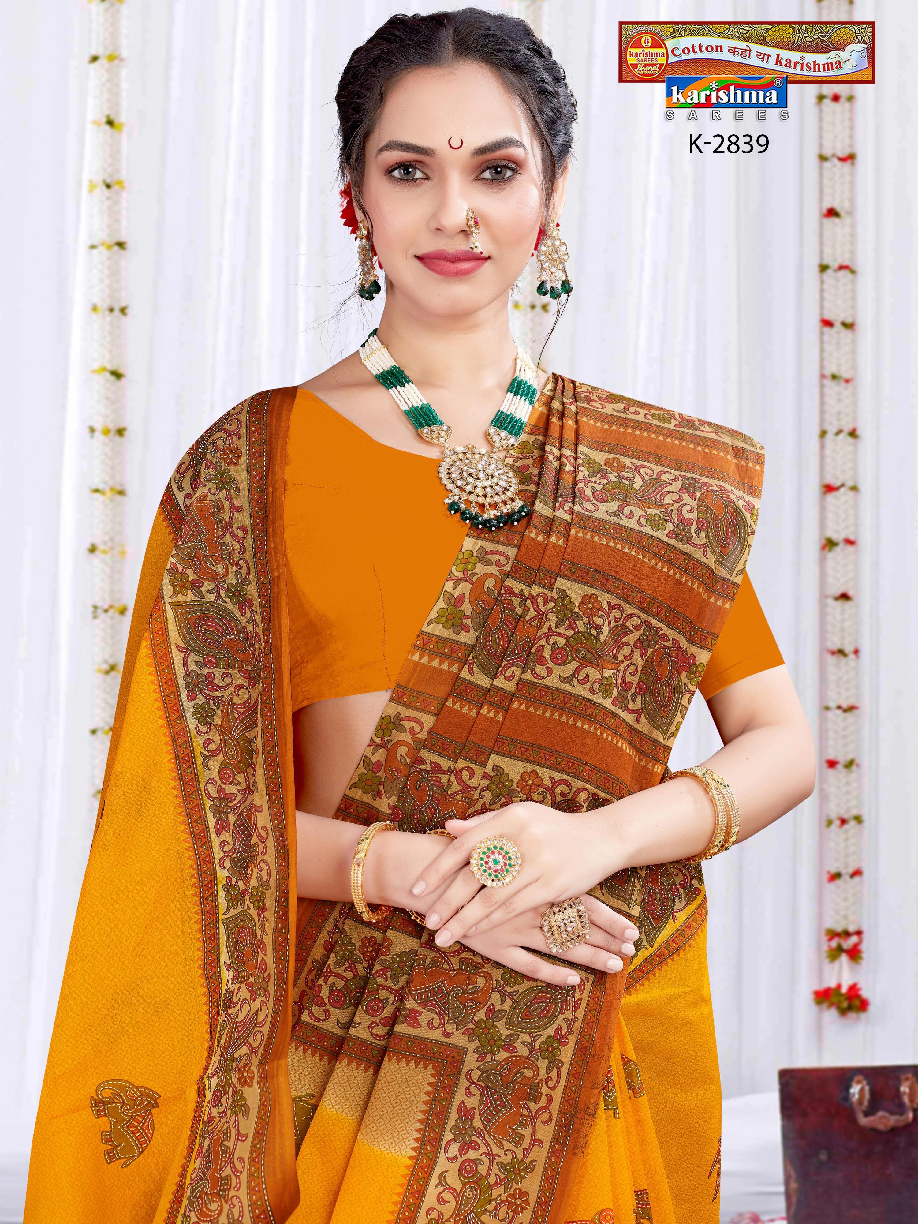 Yellow Elephant & Parrot Design Printed Soft Mulmul Cotton Everyday Wear Saree