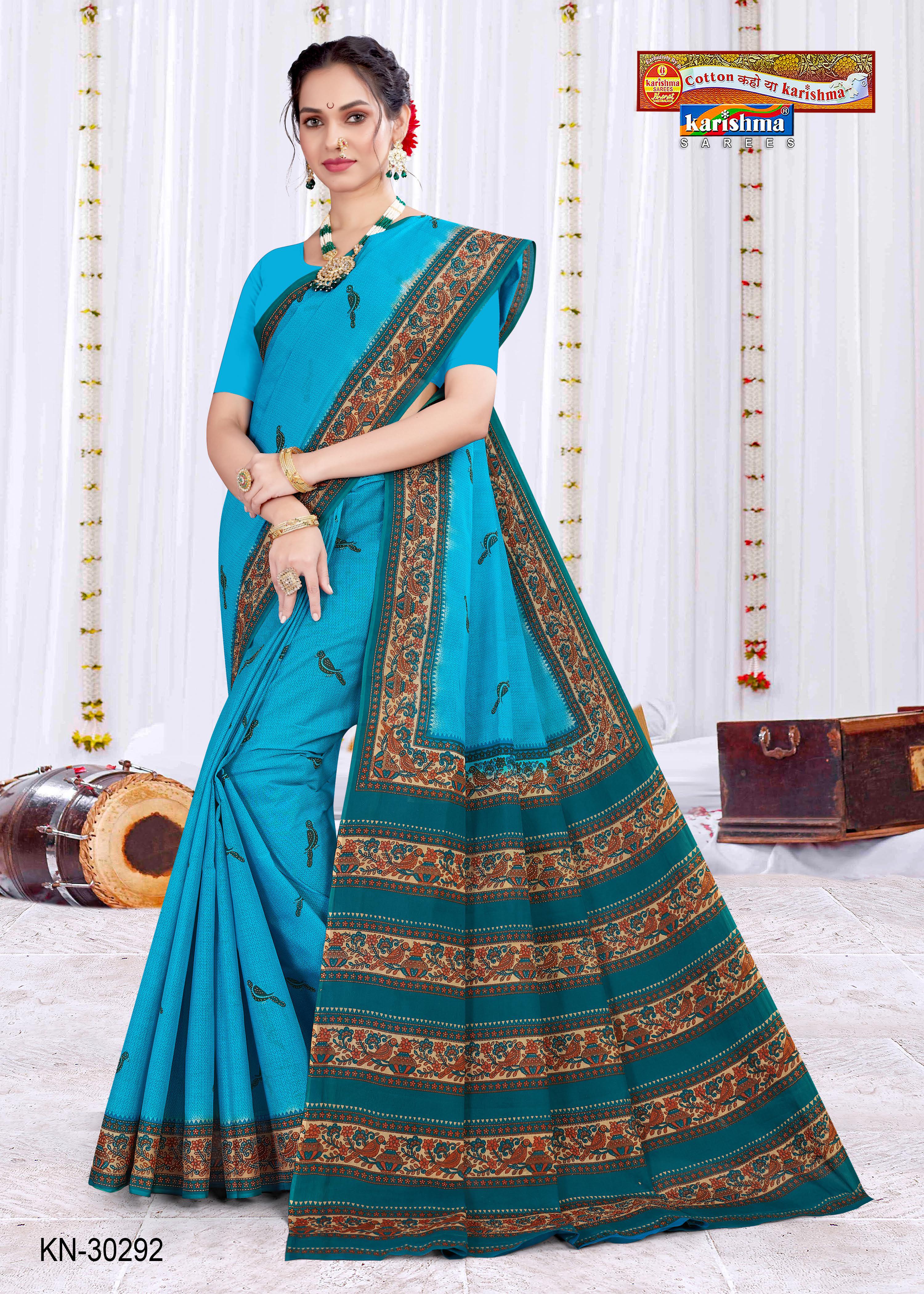 Blue Elephant & Parrot Design Printed Soft Mulmul Cotton Everyday Wear Saree