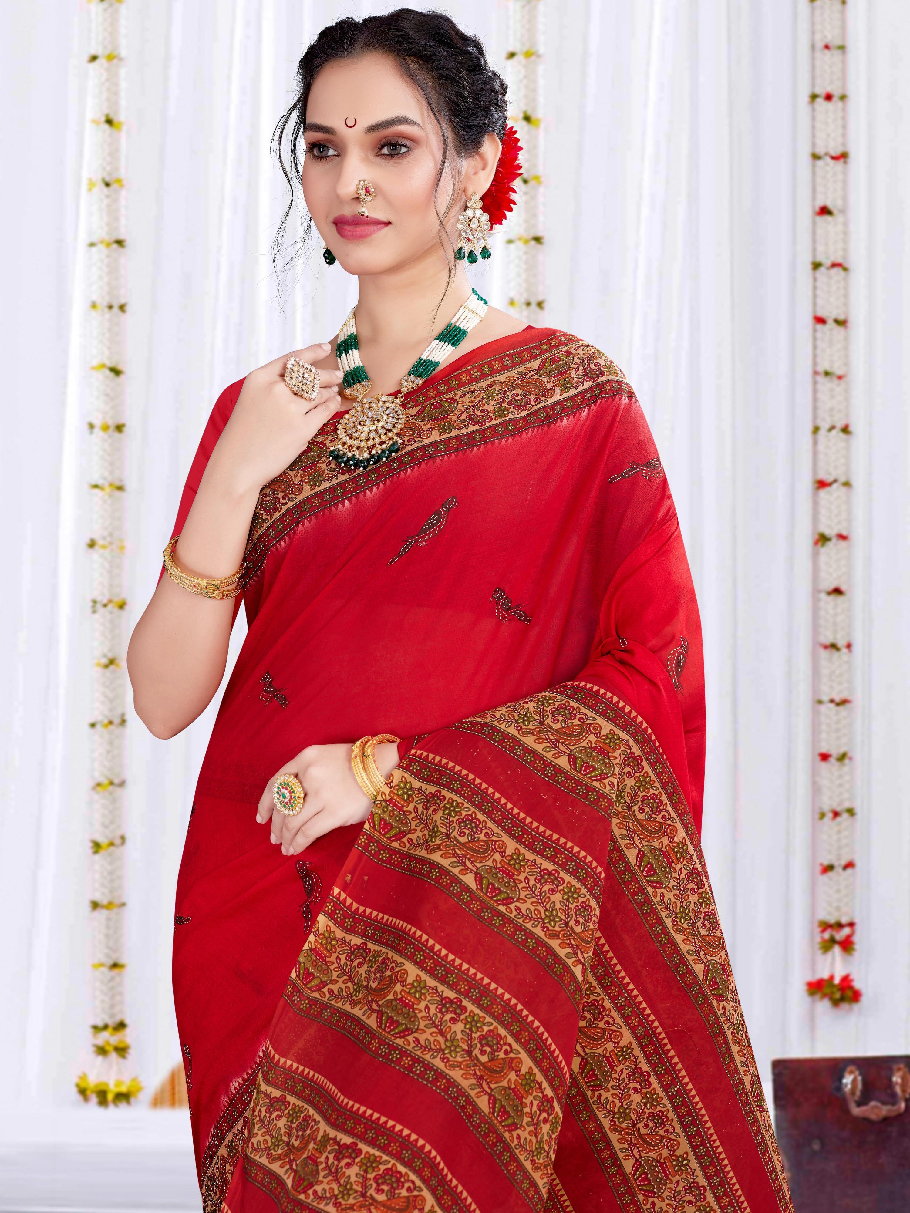 Red Elephant & Parrot Design Printed Soft Mulmul Cotton Everyday Wear Saree