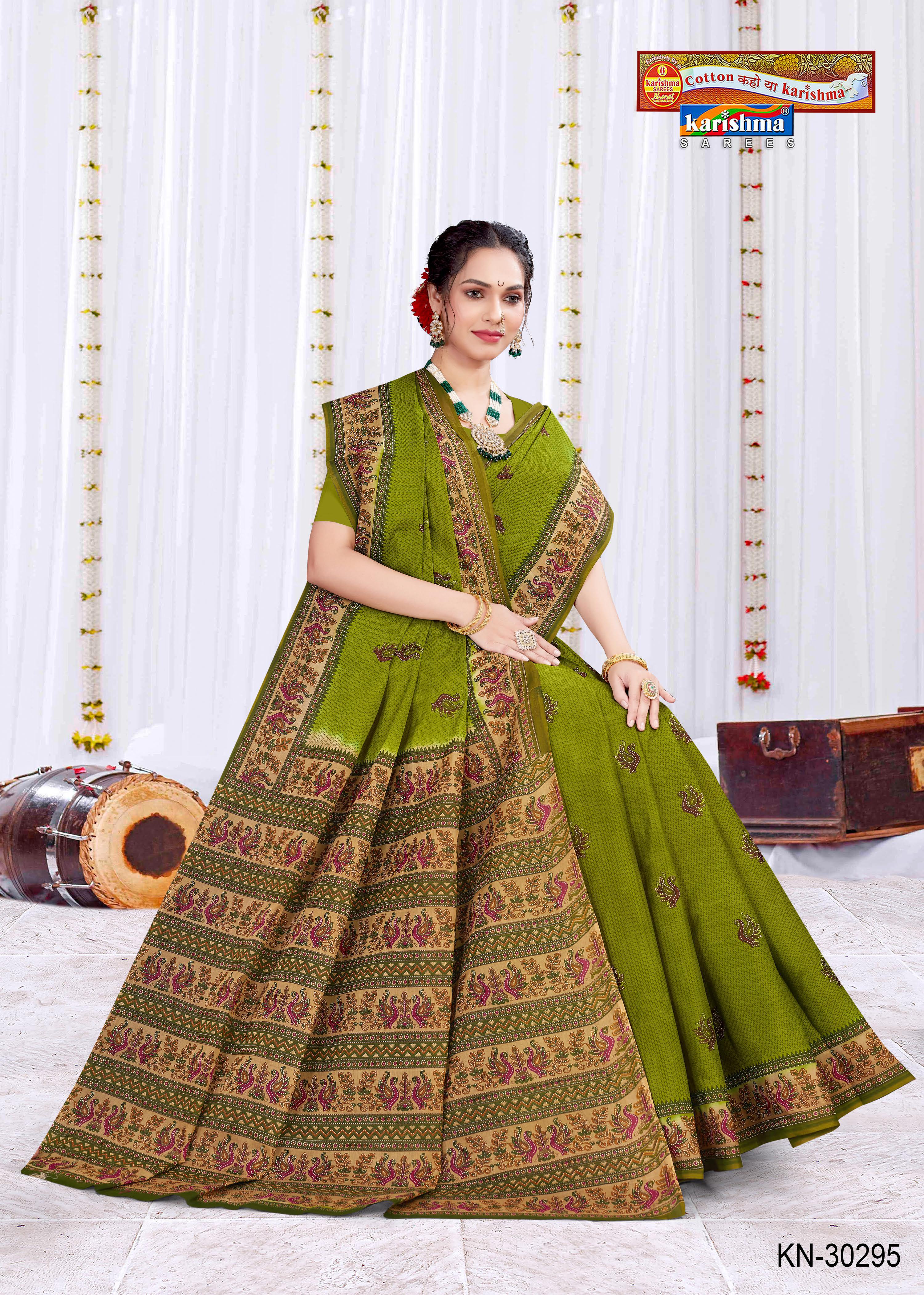 Olive Elephant & Parrot Design Printed Soft Mulmul Cotton Everyday Wear Saree