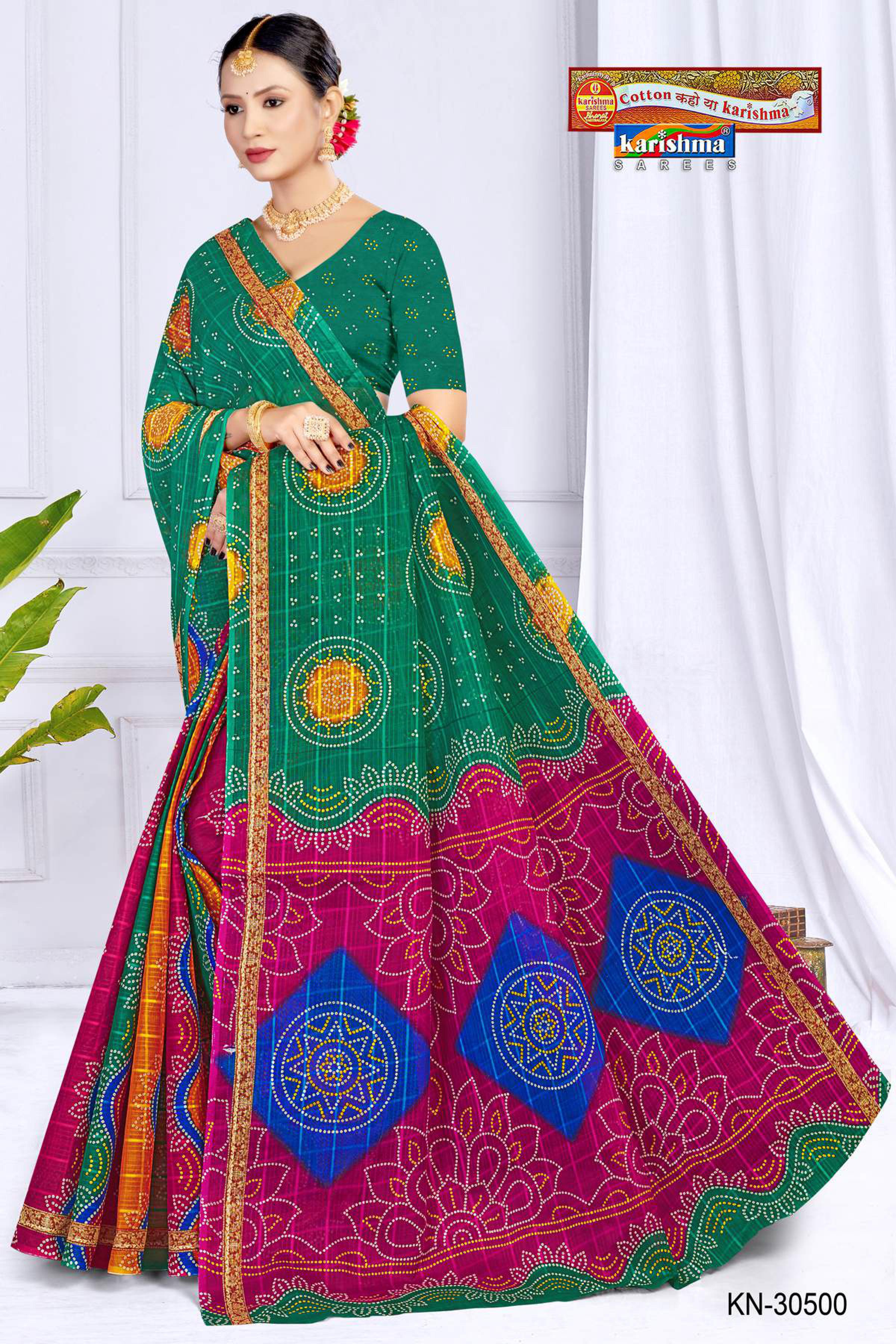 Green Traditional Bandhani Design Colourful Printed Mulmul Pure Cotton Saree