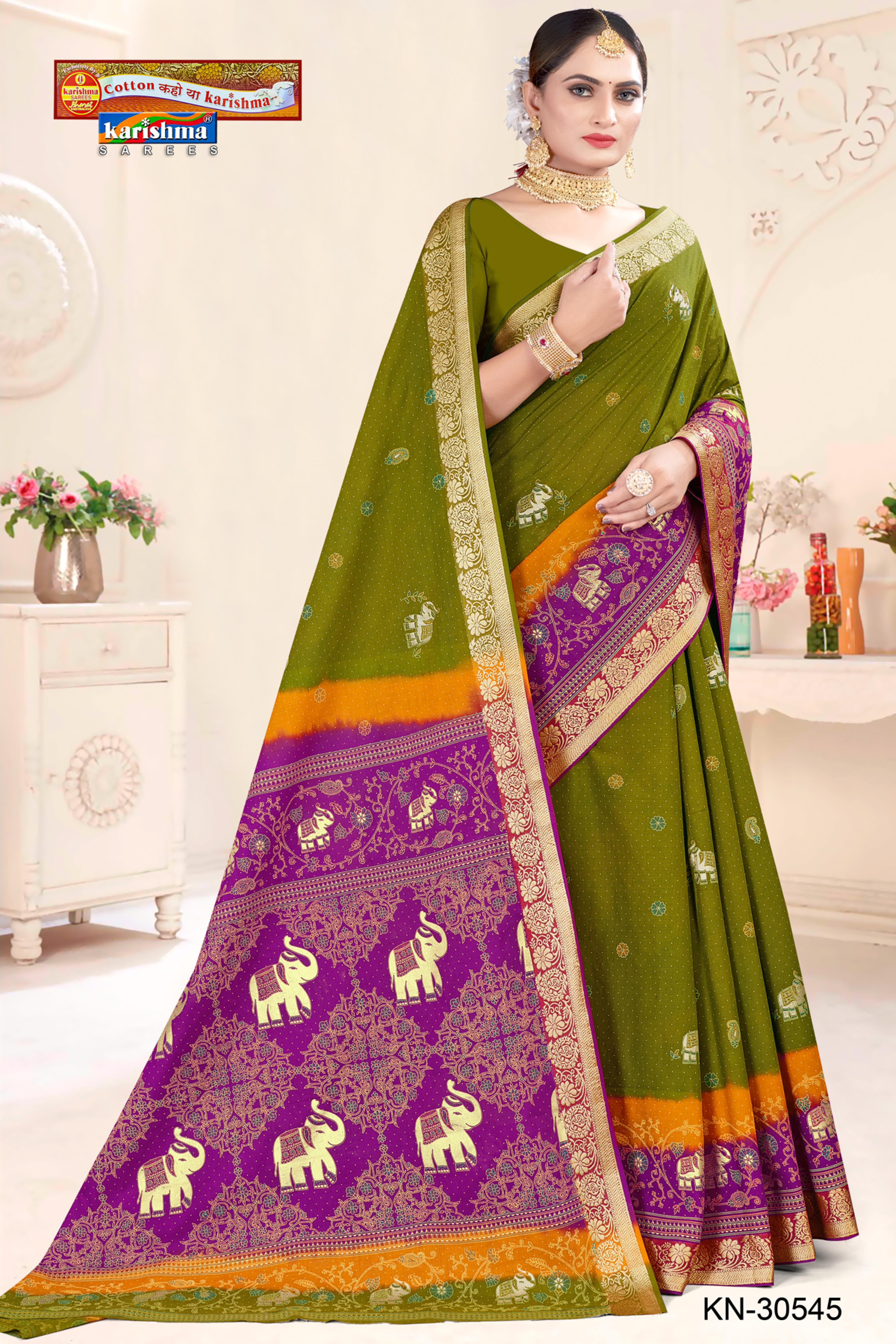 Olive Shaded Gold Elephant & Peacock Print Design Pure Cotton Jamevar Zari Border Festive Saree