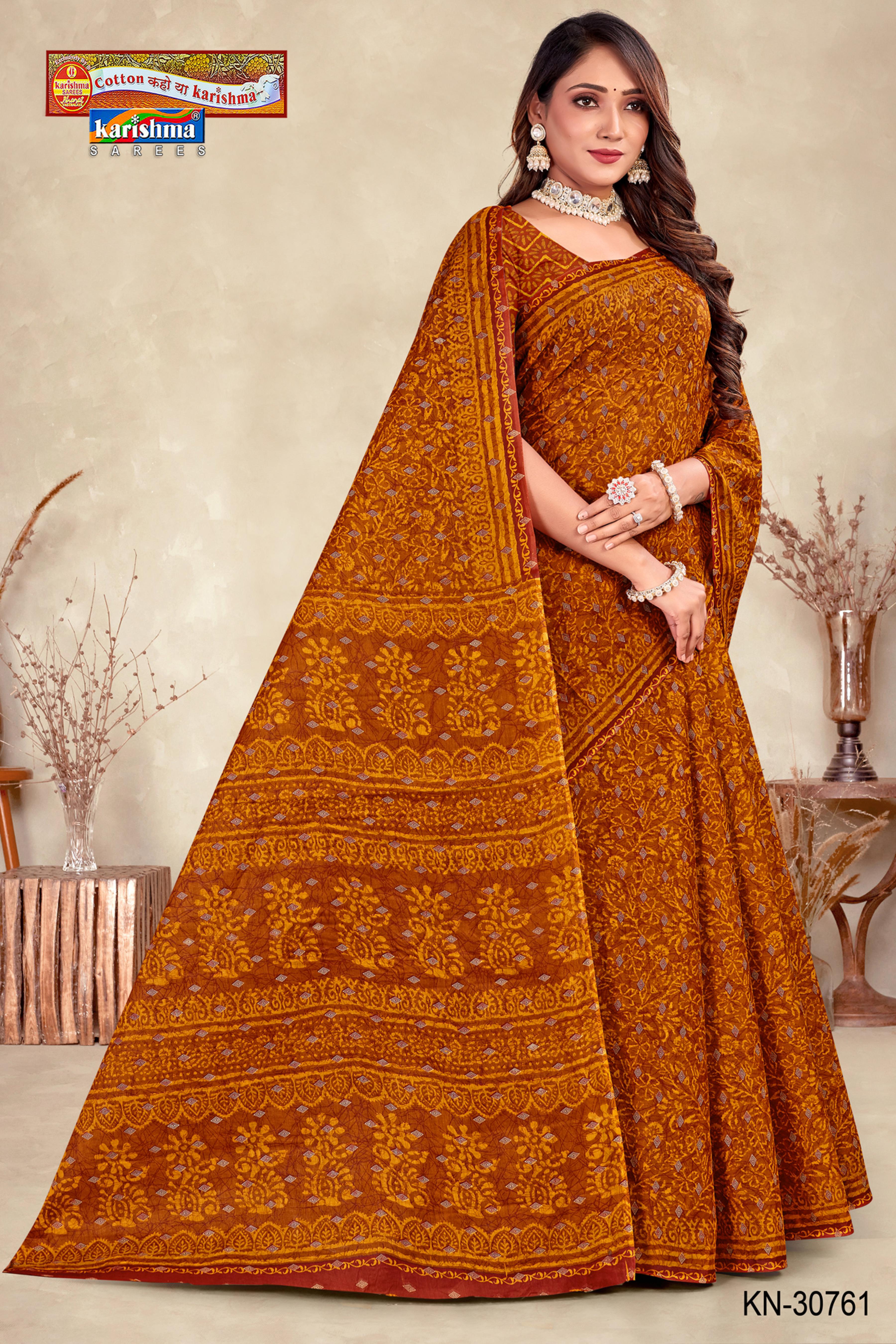 Gold Traditional Motif Design Printed Mulmul Pure Cotton Work Office Wear Saree