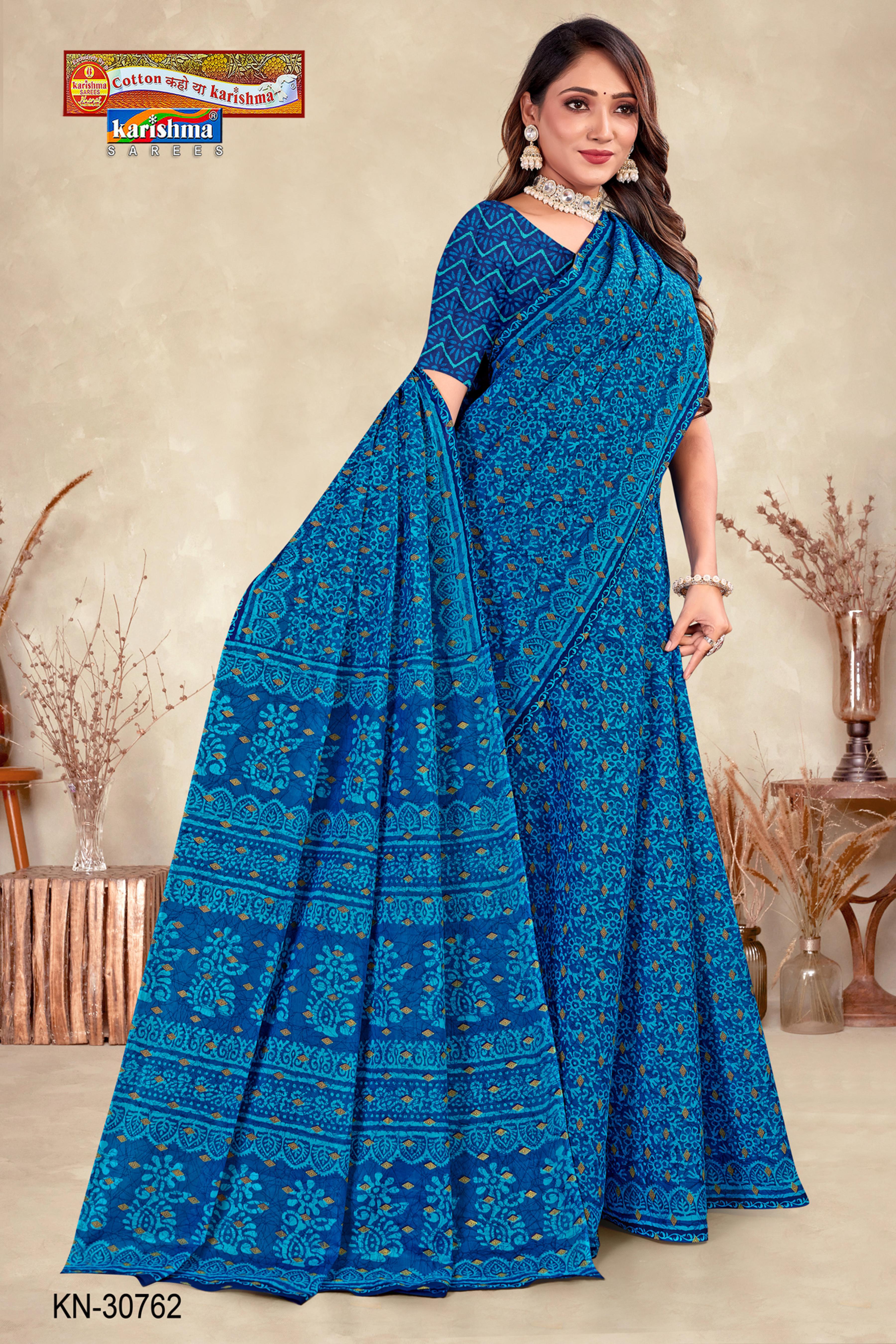 Blue Traditional Motif Design Printed Mulmul Pure Cotton Work Office Wear Saree