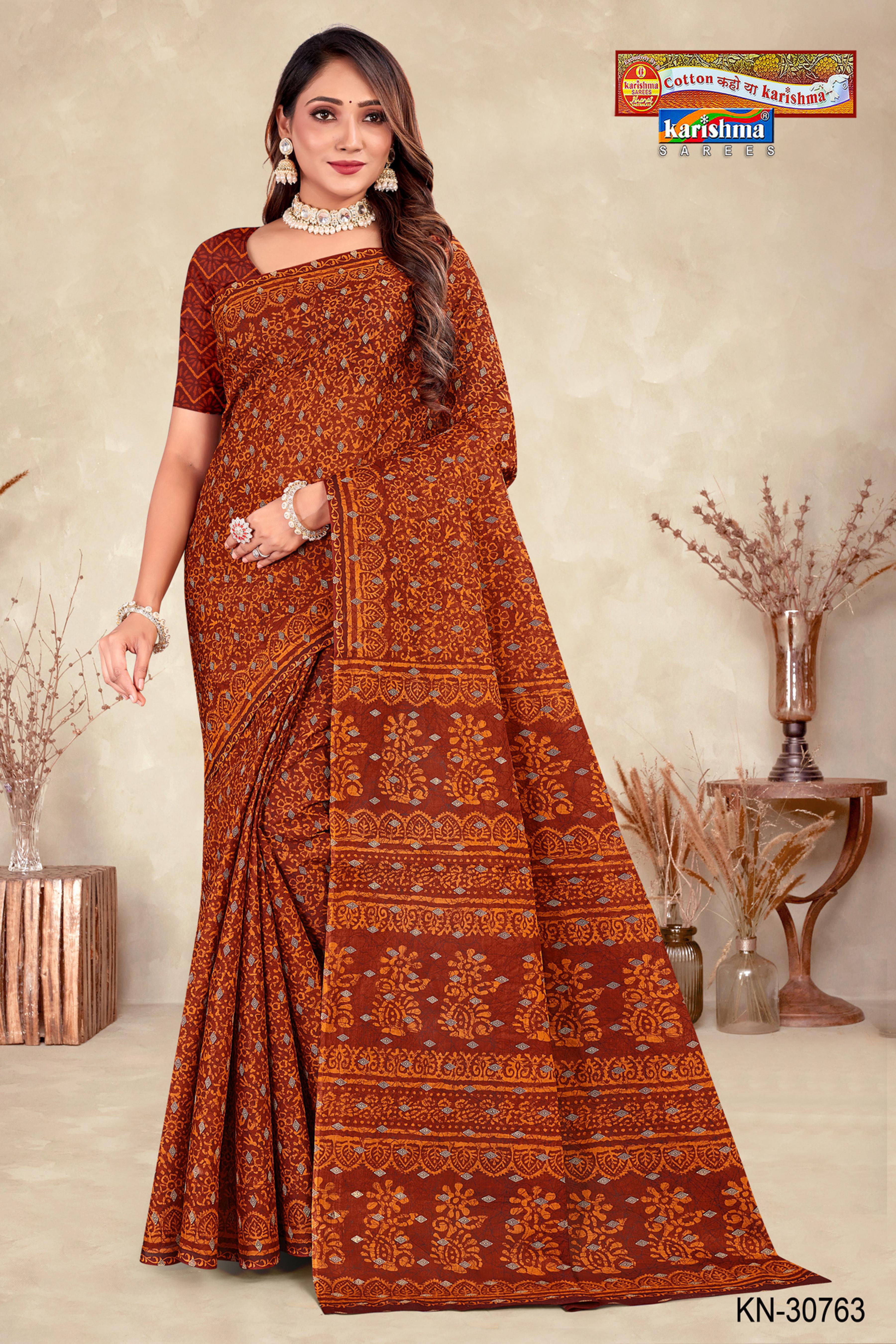 Brown Traditional Motif Design Printed Mulmul Pure Cotton Work Office Wear Saree