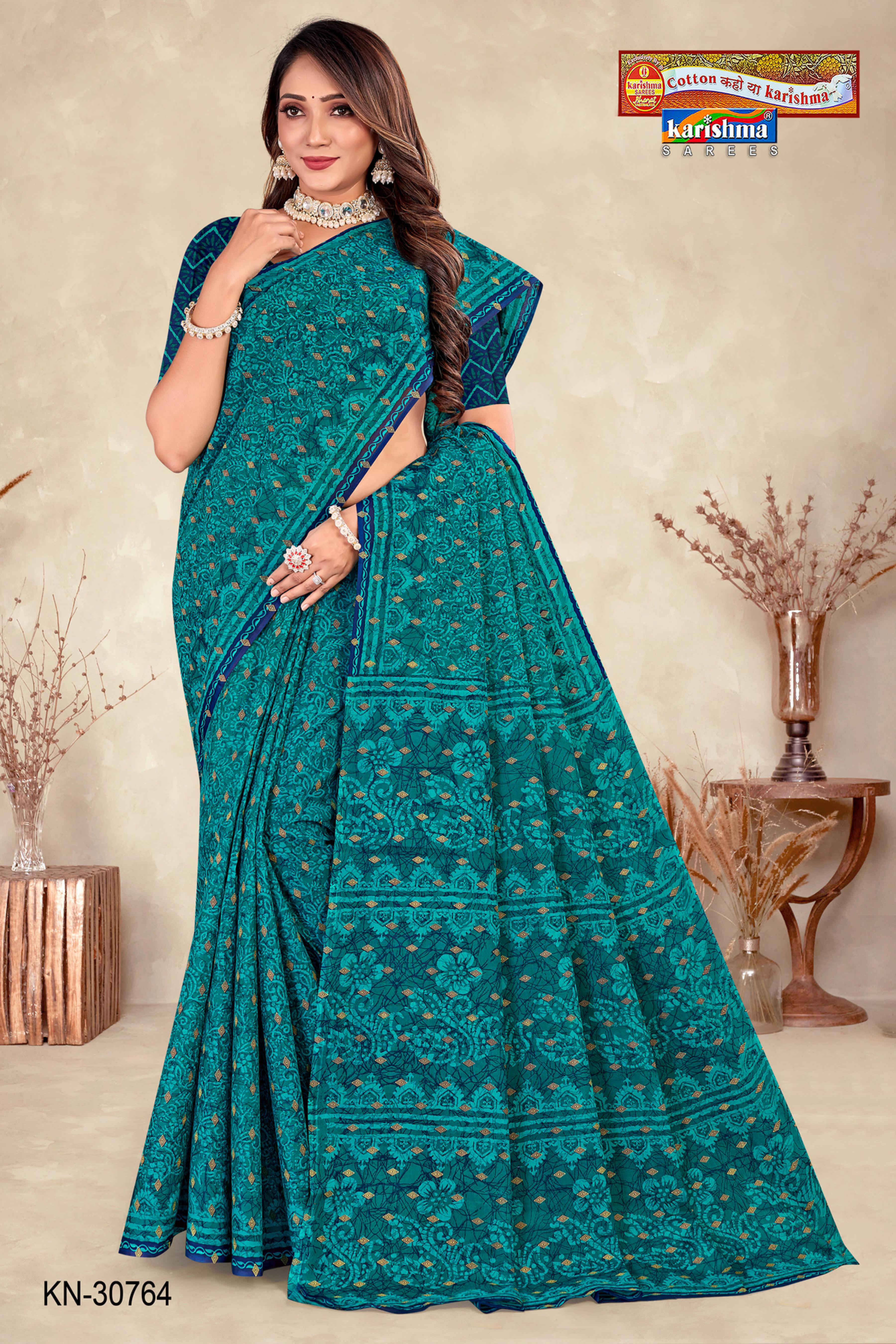 Teal Traditional Motif Design Printed Mulmul Pure Cotton Work Office Wear Saree