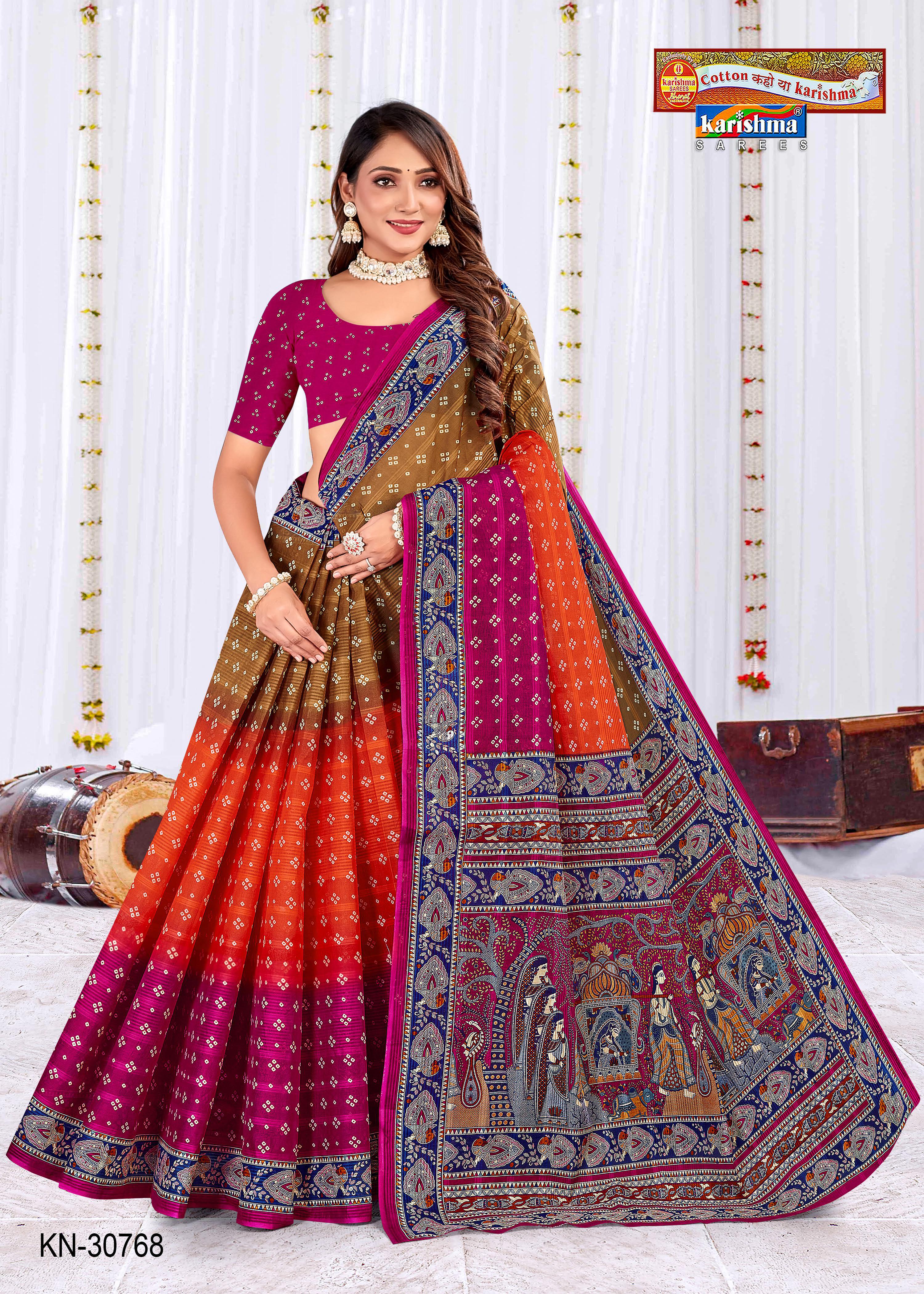Pink And Orange Pure Cotton Mulmul (Stiff) Saree With Traditional BAndhani Print And Multicolour Peacock Design