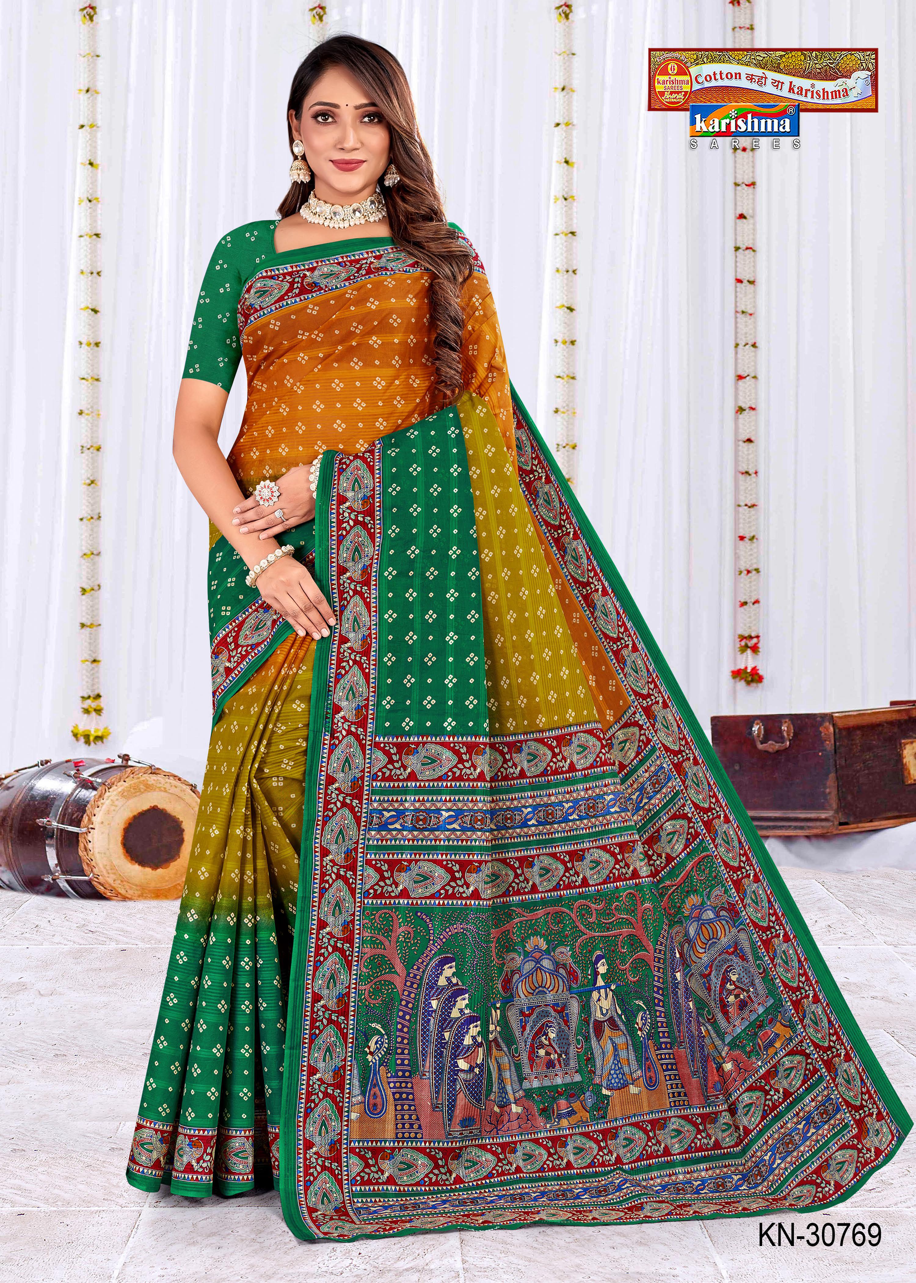 Green  & Olive Pure Cotton Mulmul (Stiff) Saree With Traditional BAndhani Print And Multicolour Peacock Design
