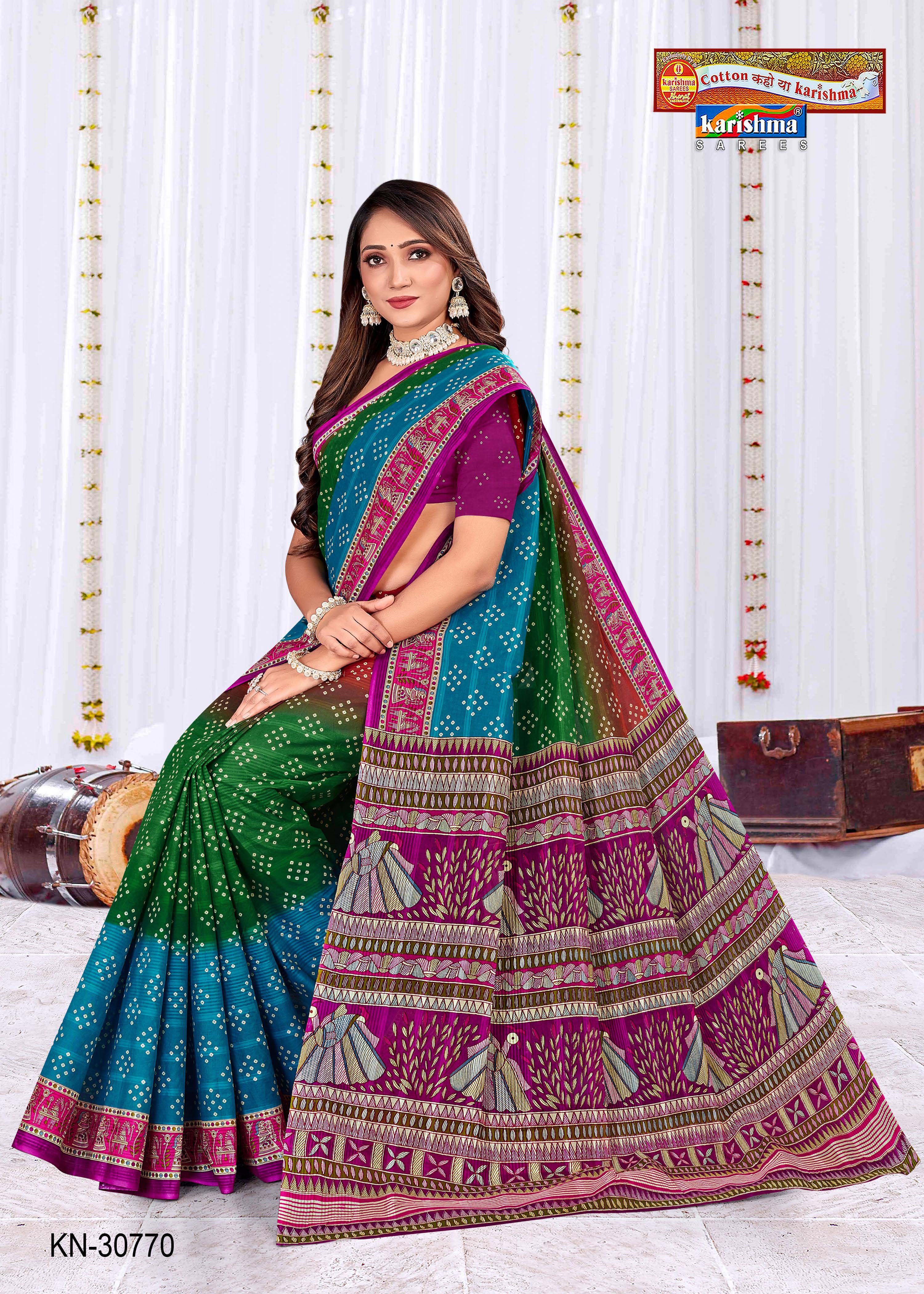 Blue & Green Pure Cotton Mulmul (Stiff) Saree With Traditional Bandhani Print And Multicolour Peacock Design