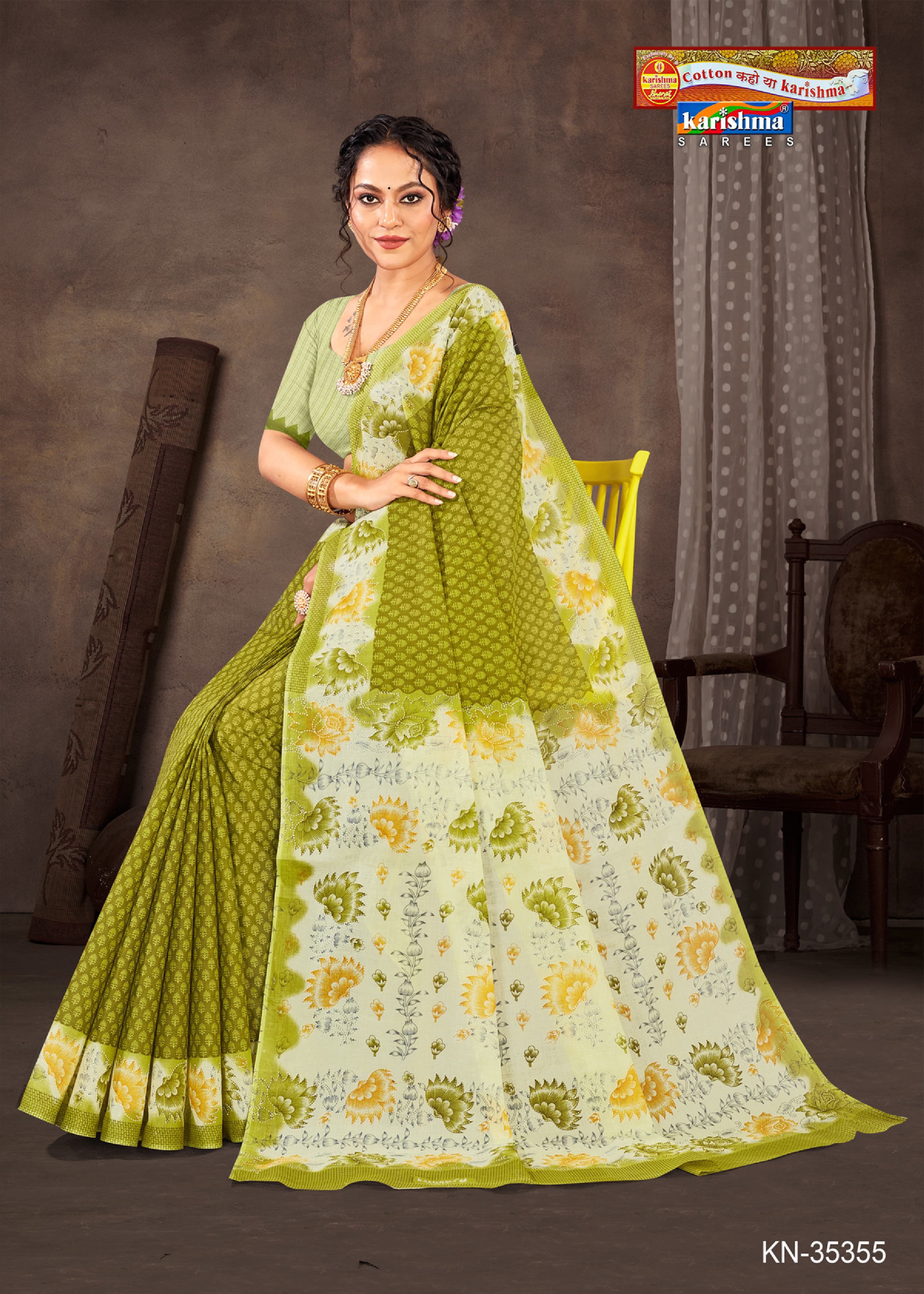 Olive Green Pure Cotton Mulmul (Medium Soft) Saree With Delicate Bandhej And Floral Design