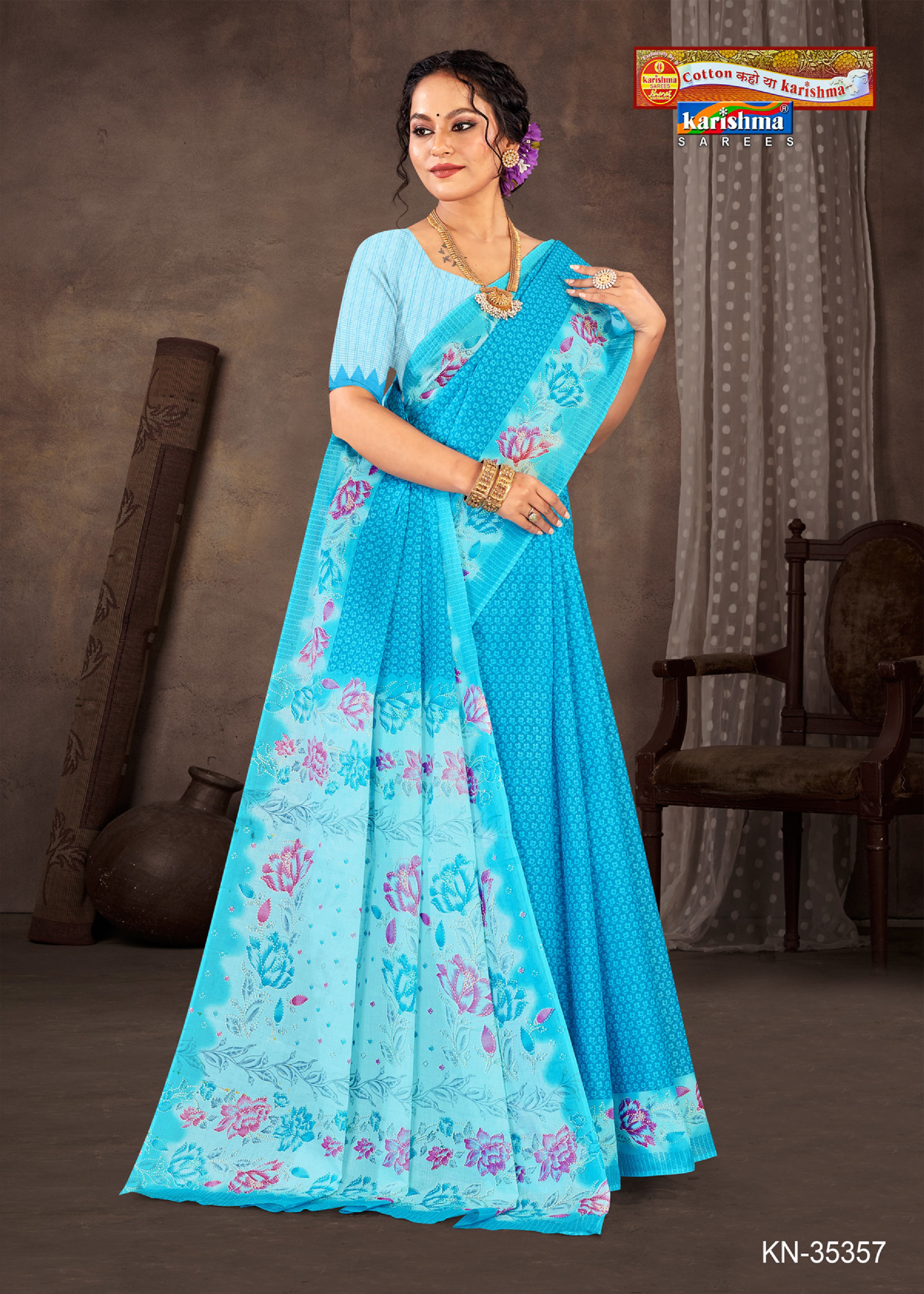 Sky Blue Pure Cotton Mulmul (Medium Soft) Saree With Delicate Bandhej And Floral Design