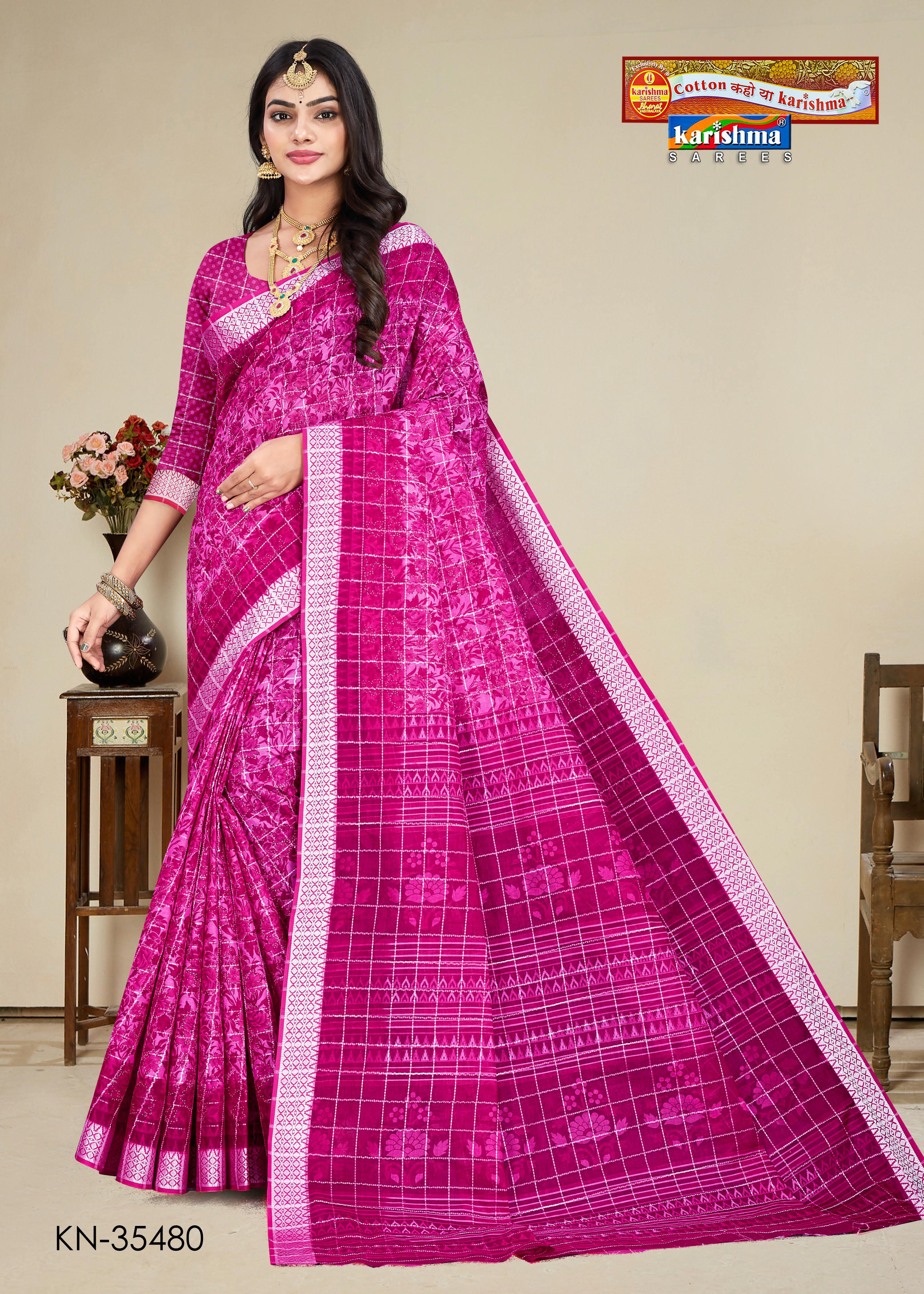 Pink Floral Design Print with Zari Border Festive Pure Mulmul Cotton Saree