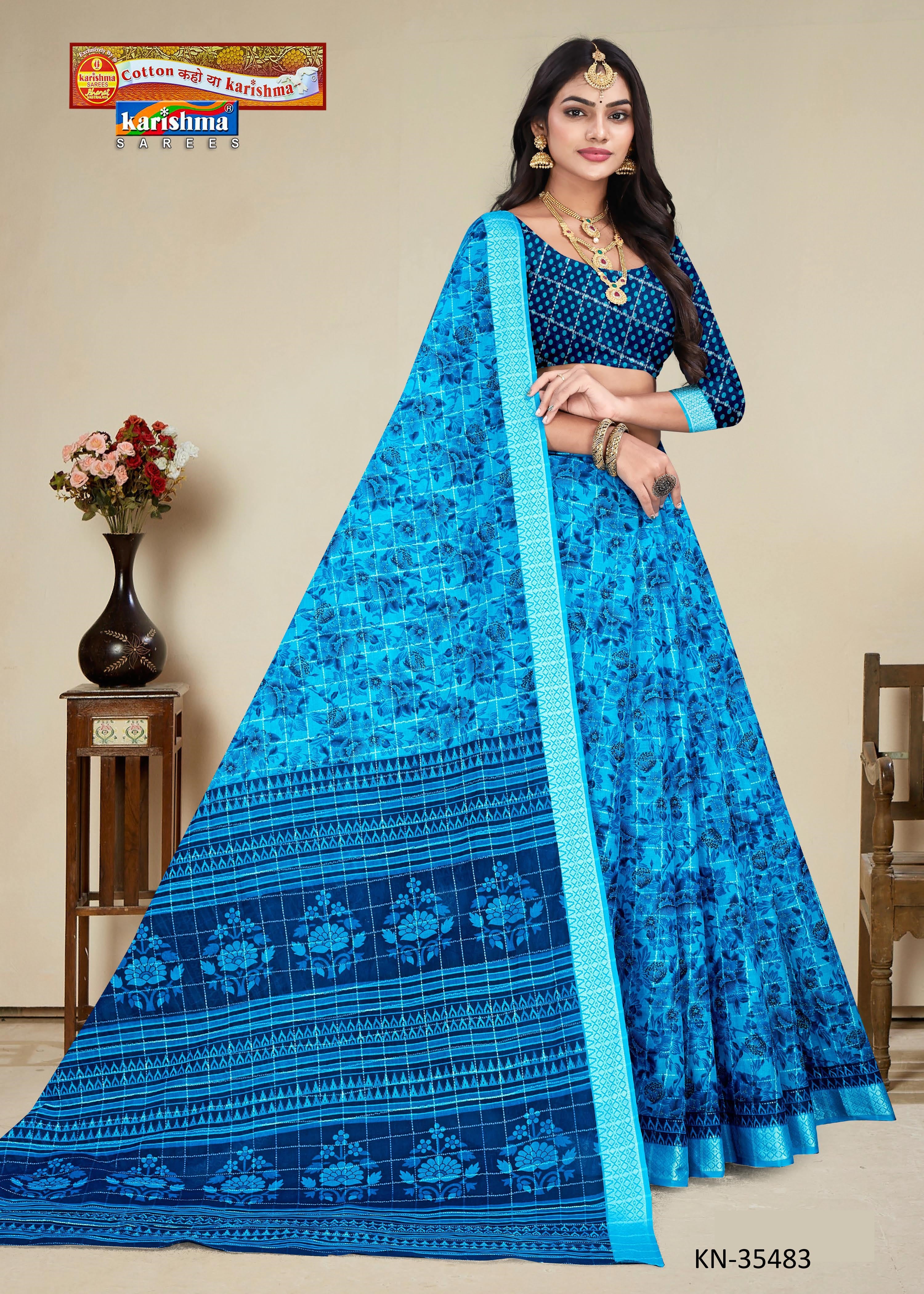 Blue Floral Design Print with Zari Border Festive Pure Mulmul Cotton Saree