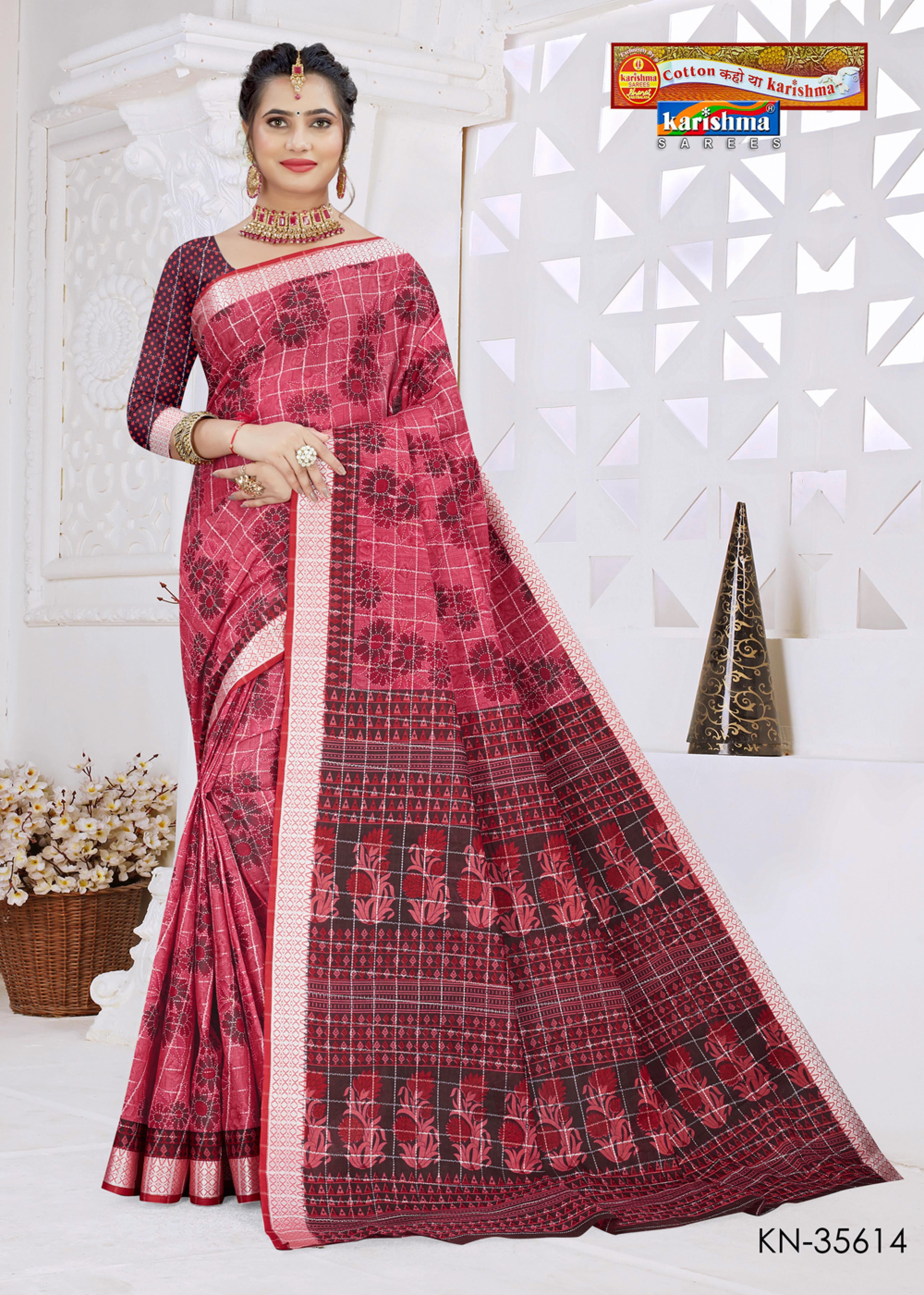 Maroon Floral Design Print with Zari Border Festive Pure Mulmul Cotton Saree