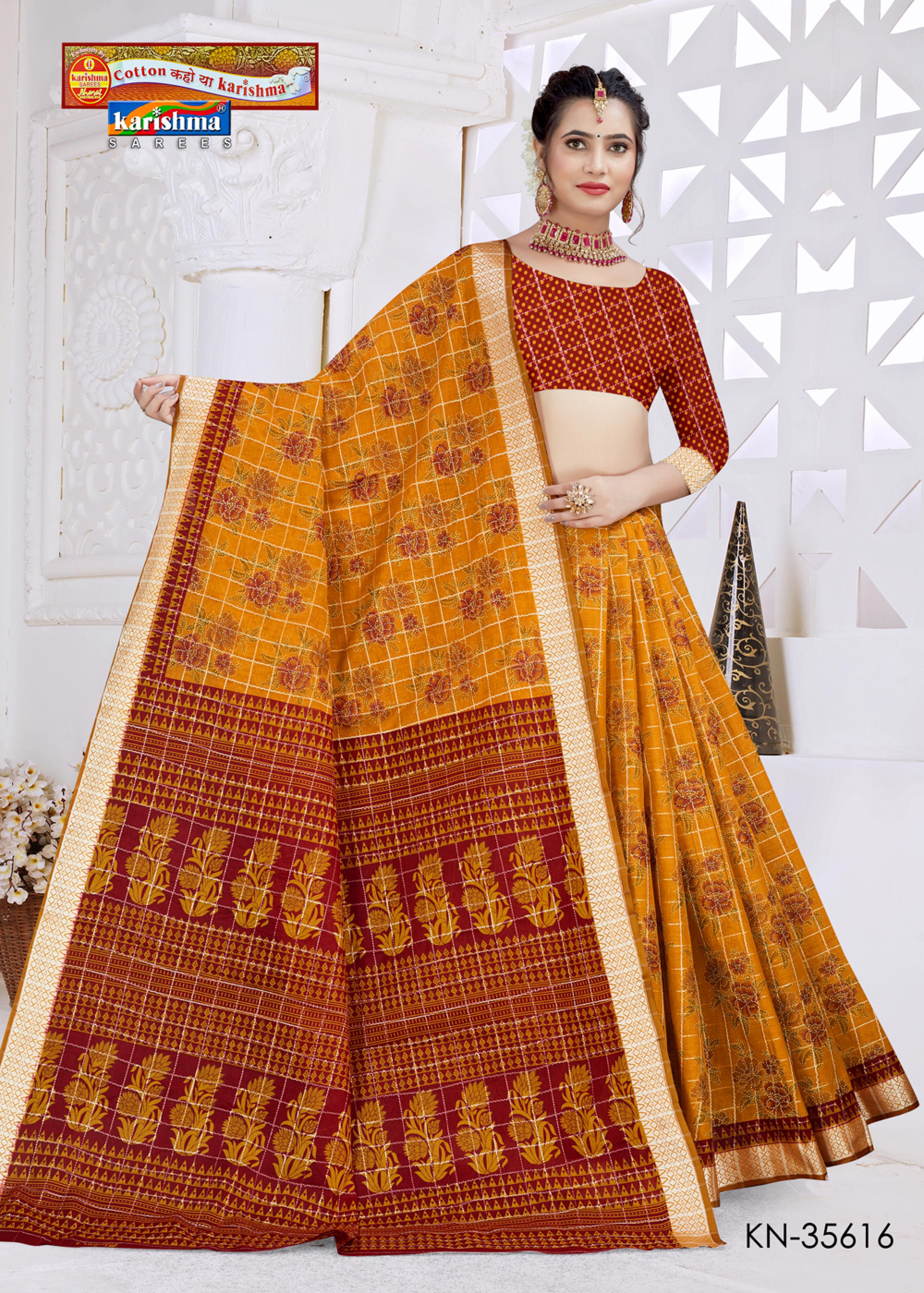 Gold Floral Design Print with Zari Border Festive Pure Mulmul Cotton Saree