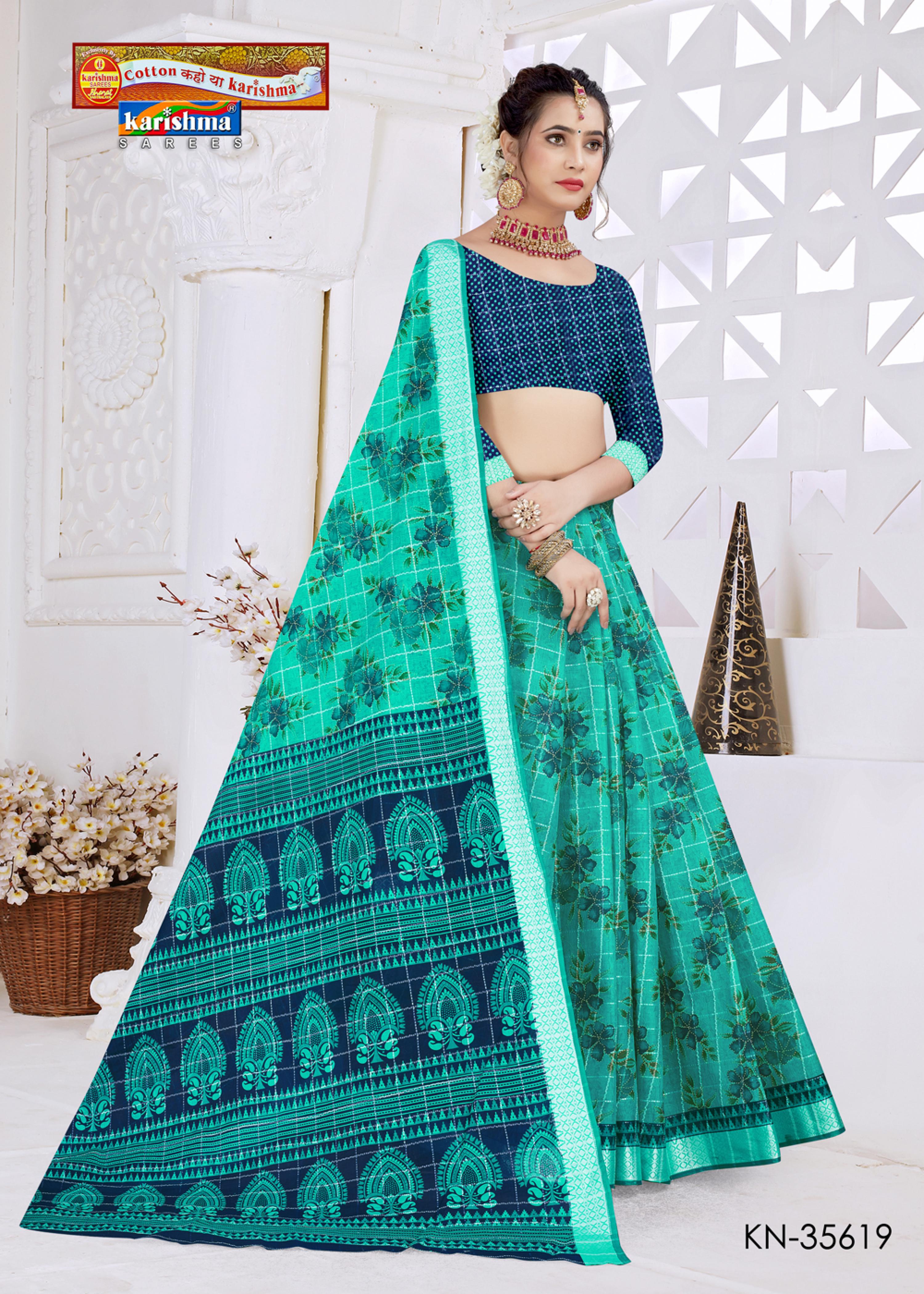 Teal Floral Design Print with Zari Border Festive Pure Mulmul Cotton Saree