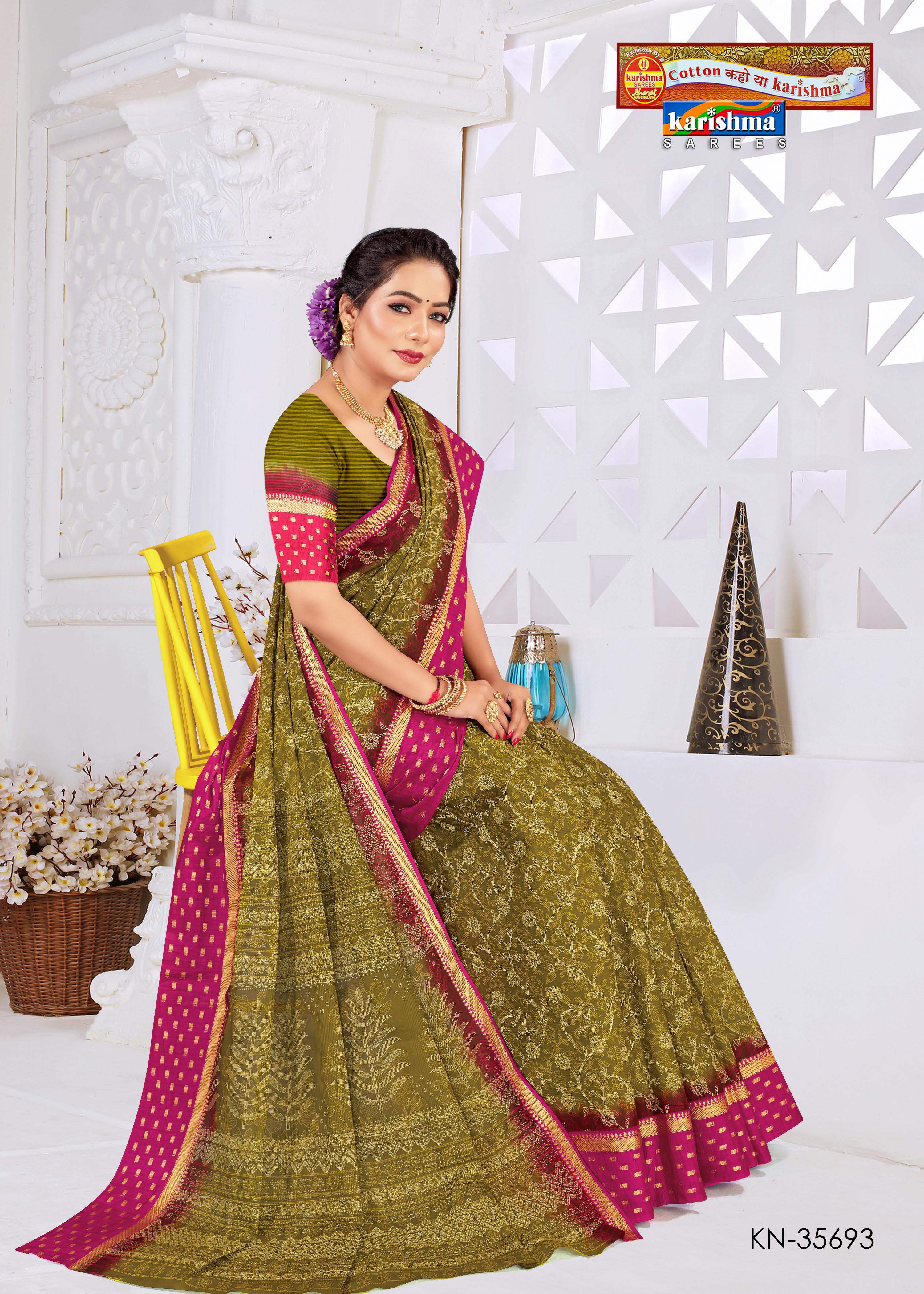 Green Floral Design Printed Mulmul Pure Cotton Saree with Gold Zari Pattu Border