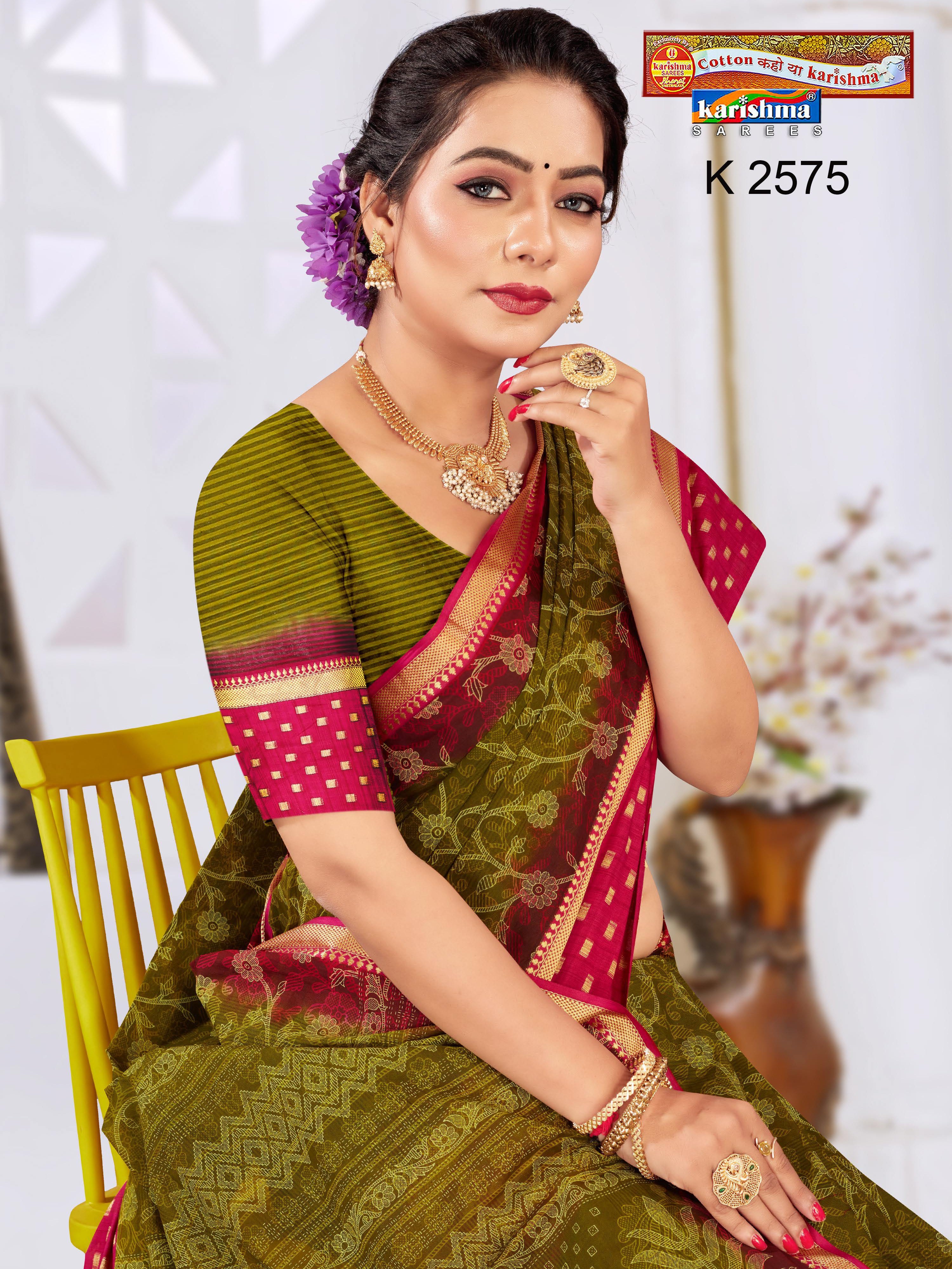 Green Floral Design Printed Mulmul Pure Cotton Saree with Gold Zari Pattu Border