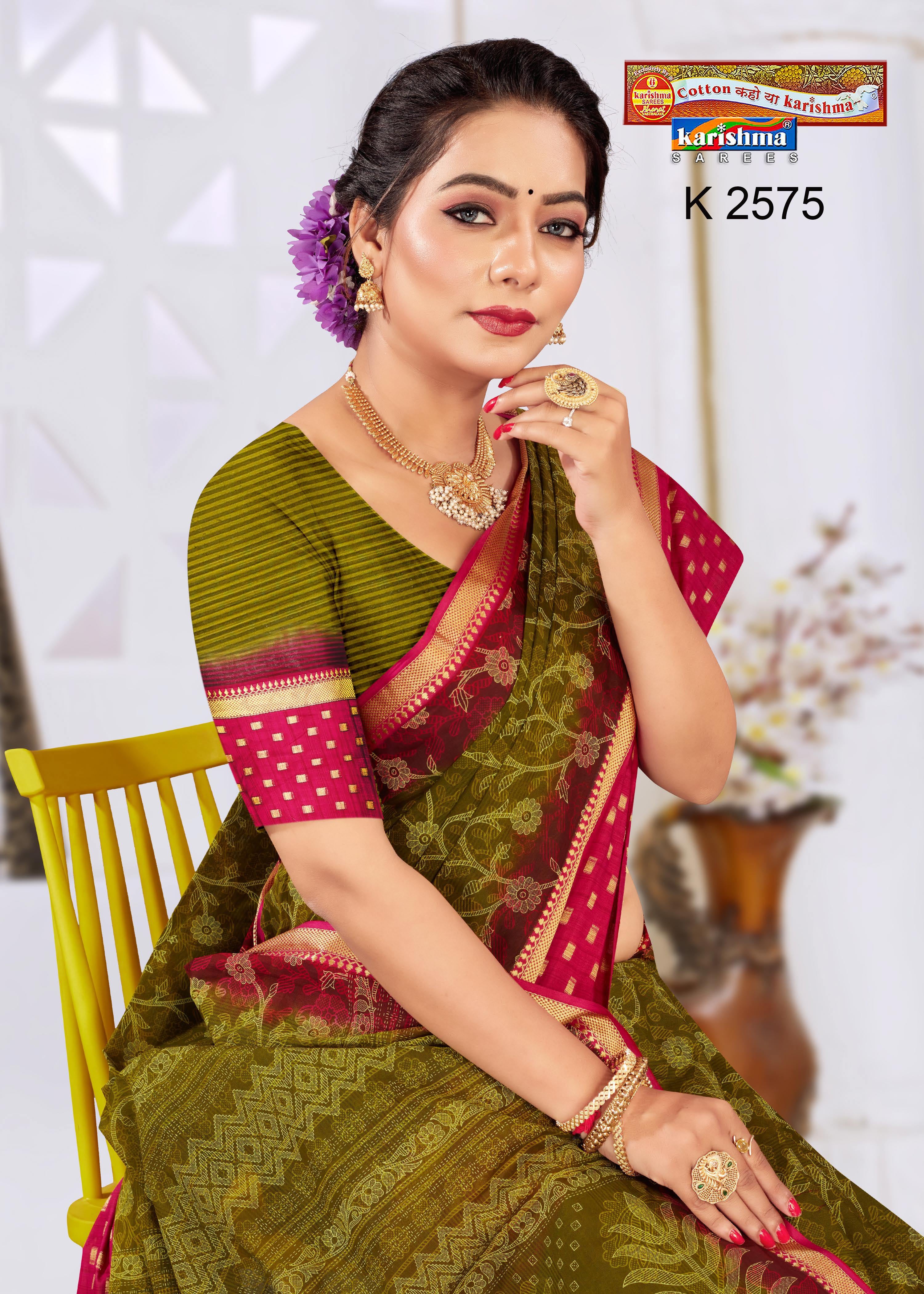 Green Floral Design Printed Mulmul Pure Cotton Saree with Gold Zari Pattu Border