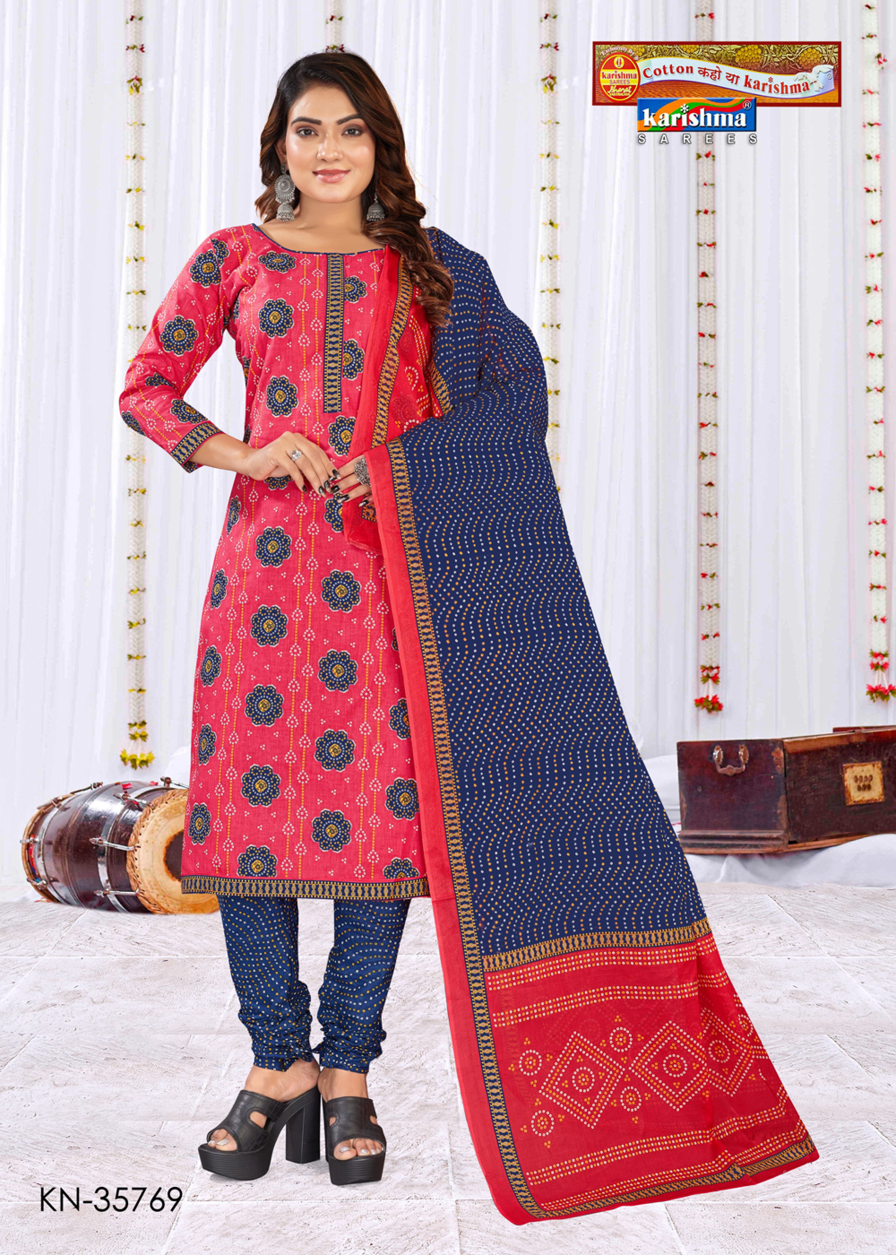 Red And Blue Pure Cotton Unstitched Dress Material With Traditional Bandhani Design